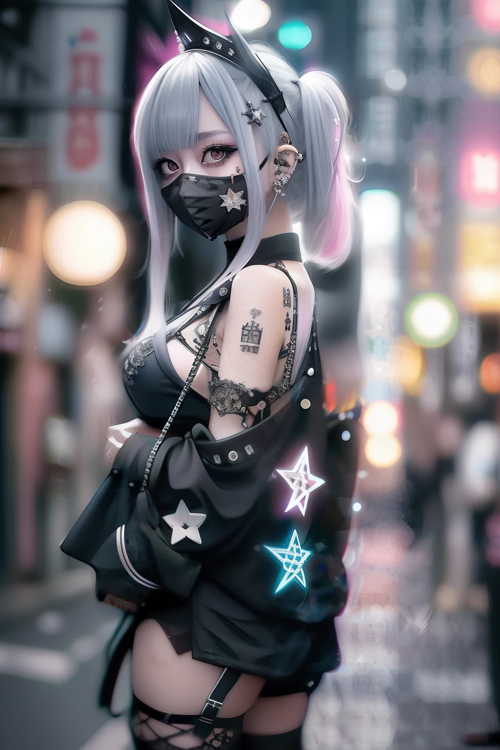 The bikini、goth_punk, 1girl in, 独奏, medium shot, Walking in Harajuku, ((during night)), bokeh dof, Neon light, Iridescent eyes, starrysky, White shiny hair, White eyebrows, Radiant hair, (iridescent white hair), 耳Nipple Ring, bangss, jewely, masks, bluntbangs, verd s eyes, Mouth mask, blurry backround, bblurry, hair adornments, Look at viewers, shorth hair, portraitures, side locks