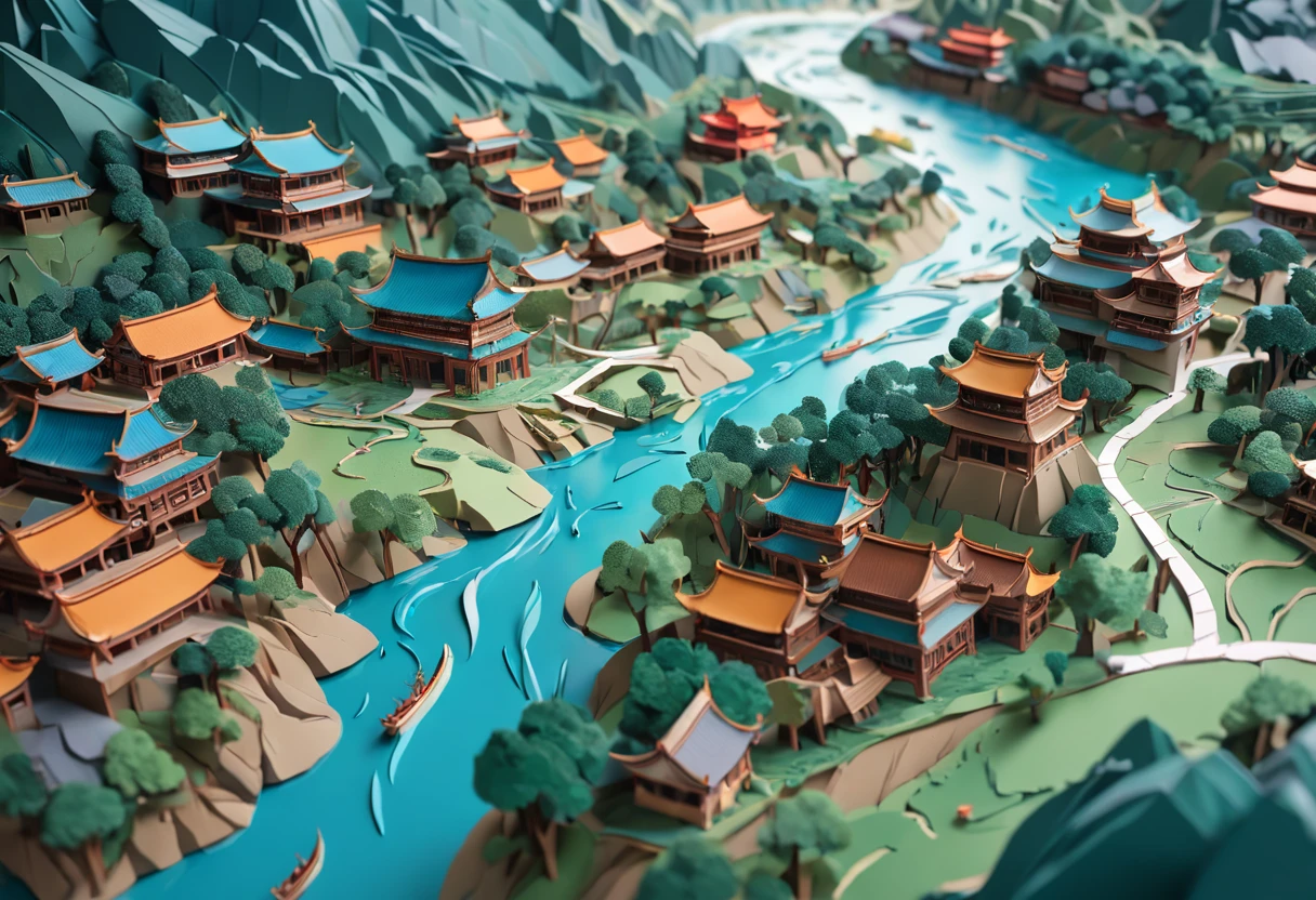 Close-up of paper cut of the upper river map of Qingming, paper art, intricate 3 d illustration, layered paper art, detailed scenic view , paper modeling art, 4K detailed digital art, 4k highly detailed digital art, 3D digital art 4K, scenery art detailed, Detailed digital 3D art, arte em papel cortado，