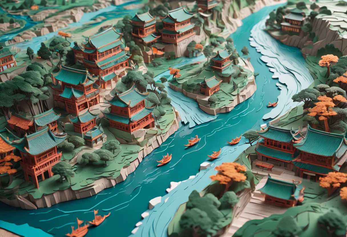 Close-up of paper cut of the upper river map of Qingming, paper art, intricate 3 d illustration, layered paper art, detailed scenic view , paper modeling art, 4K detailed digital art, 4k highly detailed digital art, 3D digital art 4K, scenery art detailed, Detailed digital 3D art, arte em papel cortado，