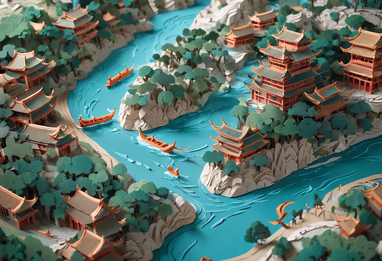 Close-up of paper cut of the upper river map of Qingming, paper art, intricate 3 d illustration, layered paper art, detailed scenic view , paper modeling art, 4K detailed digital art, 4k highly detailed digital art, 3D digital art 4K, scenery art detailed, Detailed digital 3D art, arte em papel cortado,
