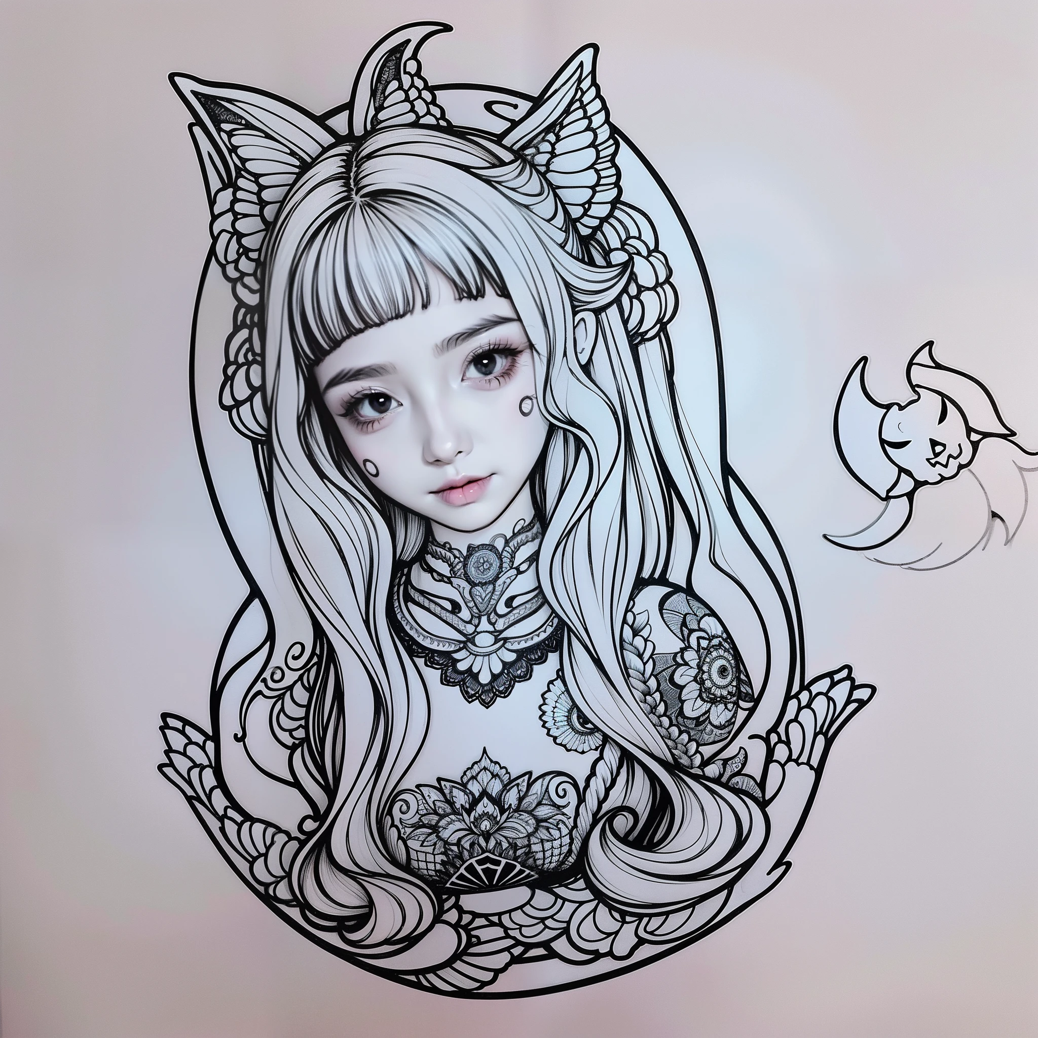 Outline Art for Adults、Coloring book cute Halloween coloring book with witches, Adult style, White background, Sketch style, Full body, Use outlines only, Mandala style, clean line drawings,