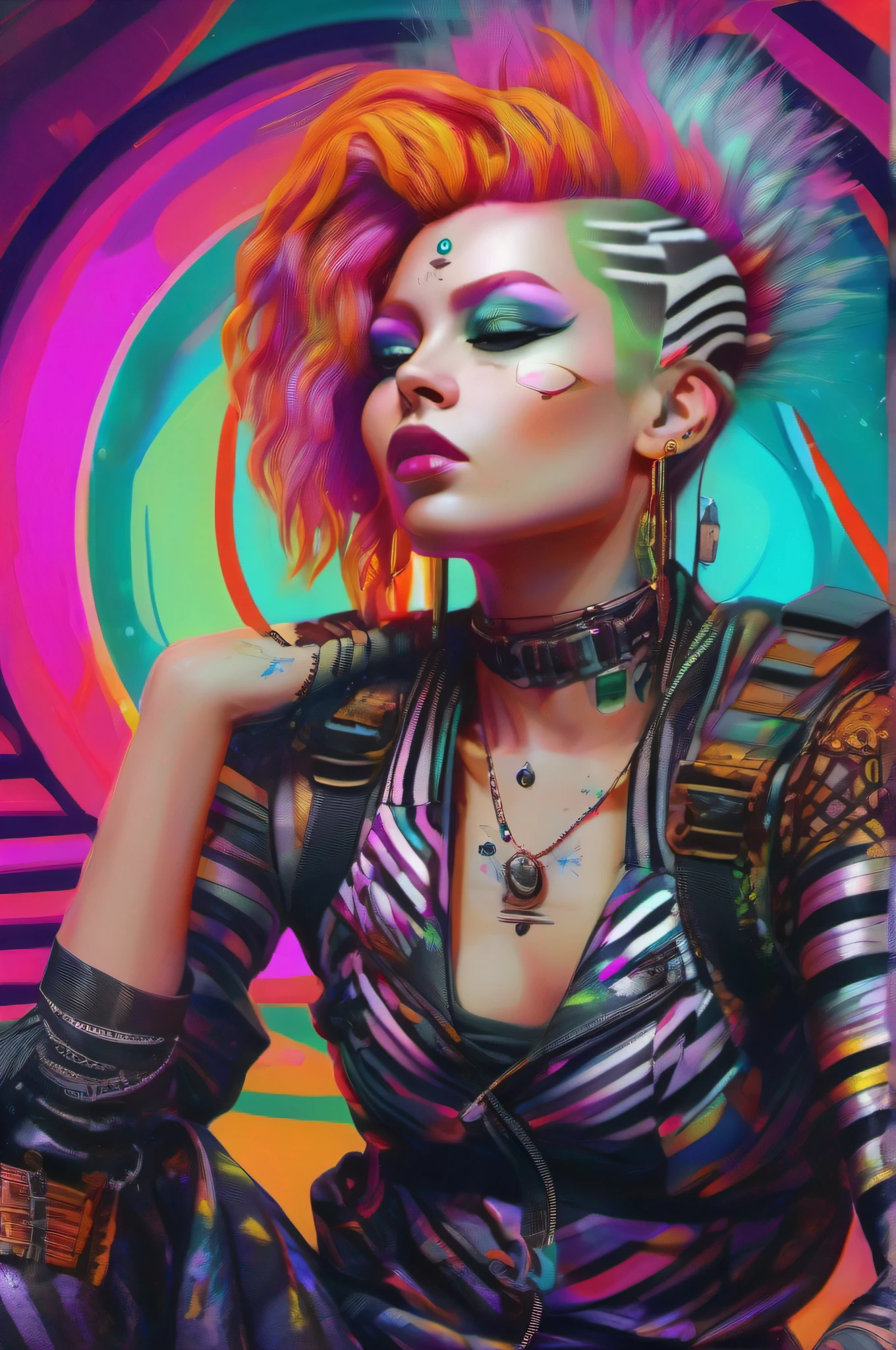 (masterpiece, top quality, best quality, official art, beautiful, cosmic, atmospheric, psychedelic, dreamlike and aesthetic:1.2), (1girl, platinum white punk rock mohawk hair, tons of tattoos and piercings, accentuated super huge enormously gigantic tits, cleavage showing, full body portrait), extreme detailed,(fractal art:1.3),colorful,highest detailed, cherry blossoms and butterflies blowing in the wind