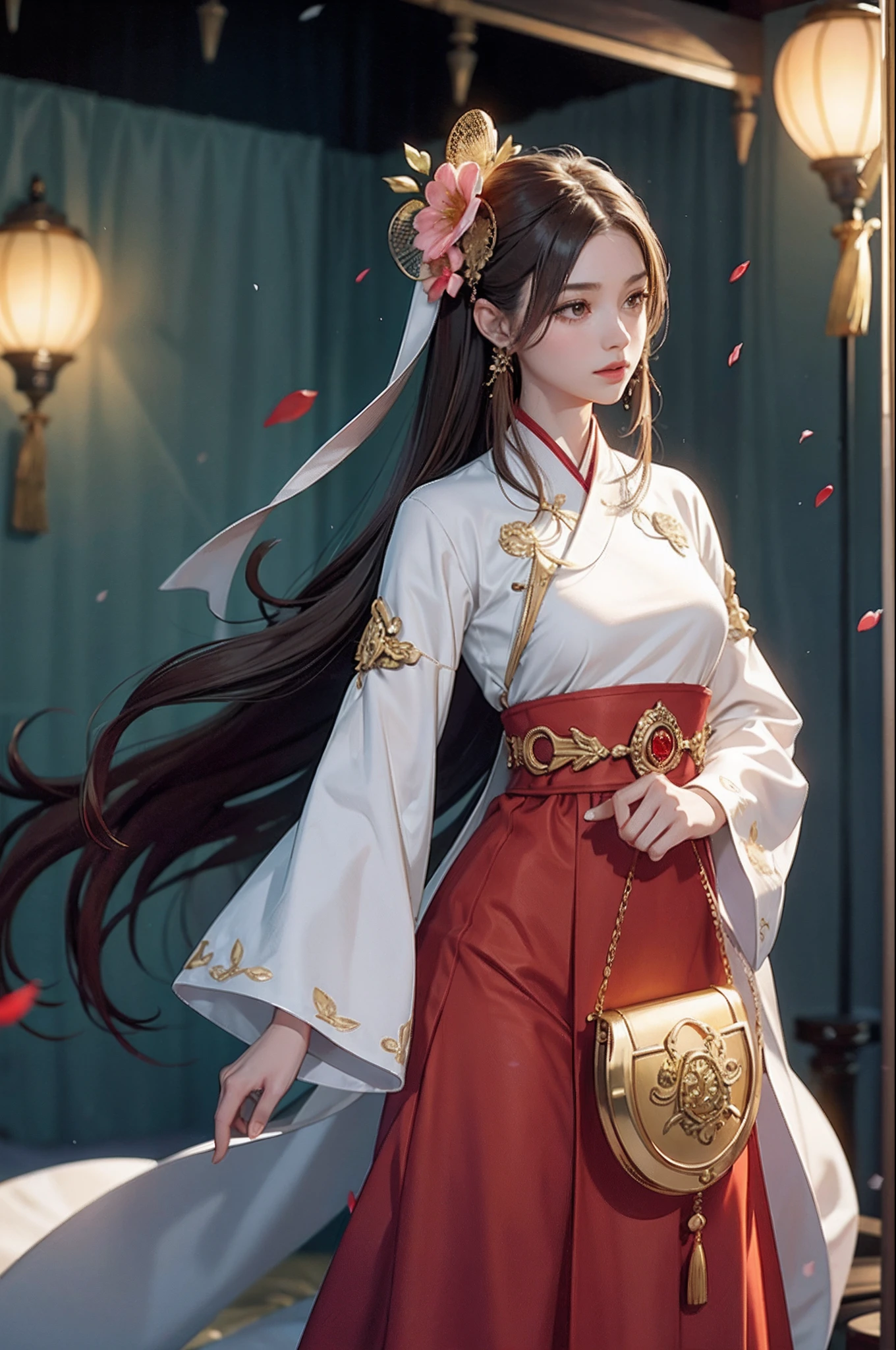 Need,tmasterpiece,A high resolution,(Delicate figure:1.5),Absolutely beautiful,(Milky skin:1.3),exquisitedetails,A high resolution,Wallpapers,1female,独奏,shift dresses,hair adornments,(((Golden and red dress)) ), florals, long whitr hair, A brown-haired, Keep one's mouth shut, trinkets, longer sleeves, Raise Hand, Wide sleeves, Big eyes, Fluttering, Hanfu, Hanfu, embroidery, long  skirt, natural poses, falling flower petals, inside in room, Fanning,lanterns，16K，HDR，A high resolution，depth of fields，（filmgrain：1.1），Bocoon，prime time，（lens flare glow），Vignette，rainbowing，（Color：1.5）The female general holds a sword in her right hand