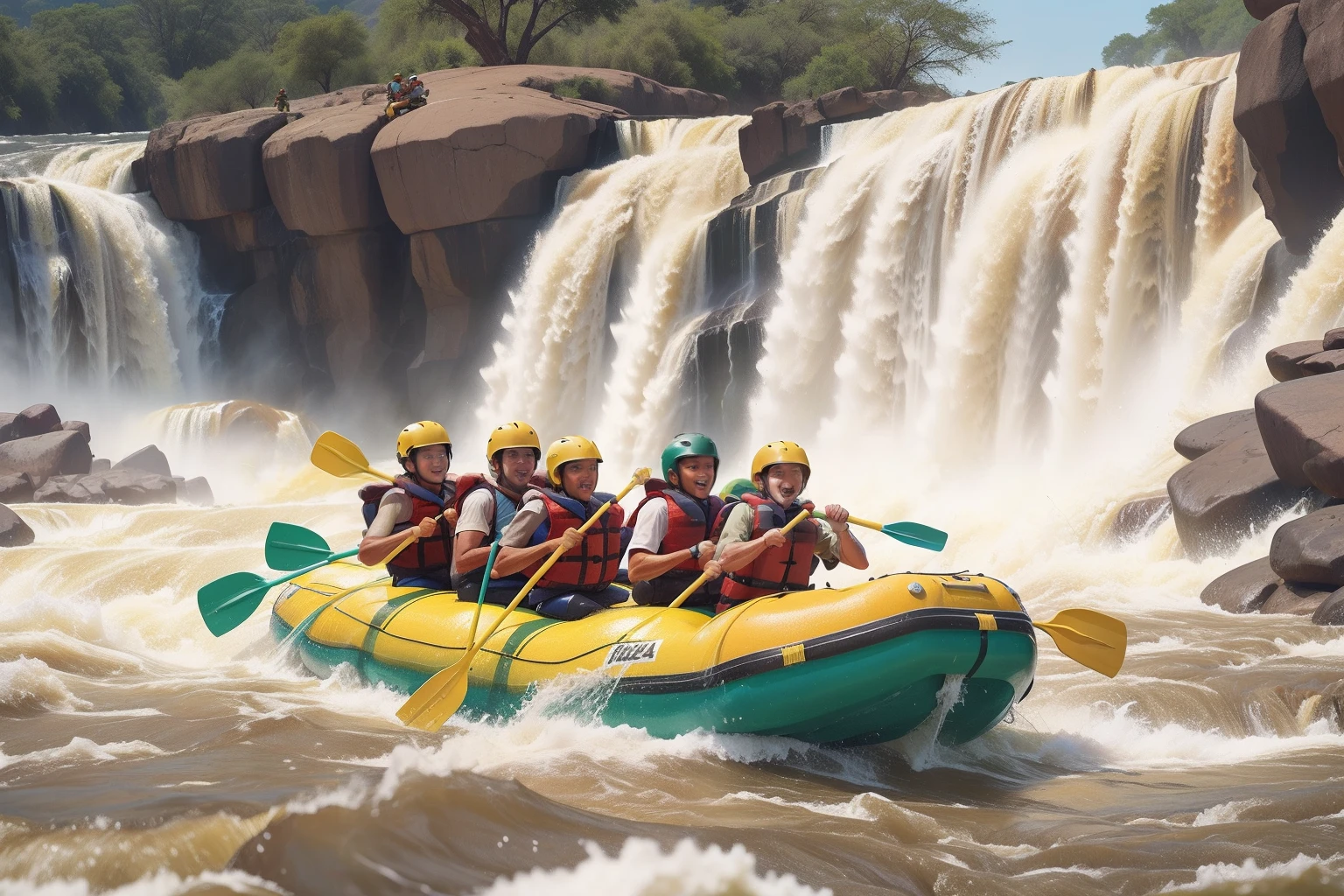 Year: 2023
Country: Zambia
Description: In Livingstone, near the iconic Victoria Falls, a group of friends in their 30s embark on an adventurous day of whitewater rafting. They wear matching vintage-style life vests and helmets, their colorful rafts navigating the thrilling rapids while the falls create a dramatic backdrop.