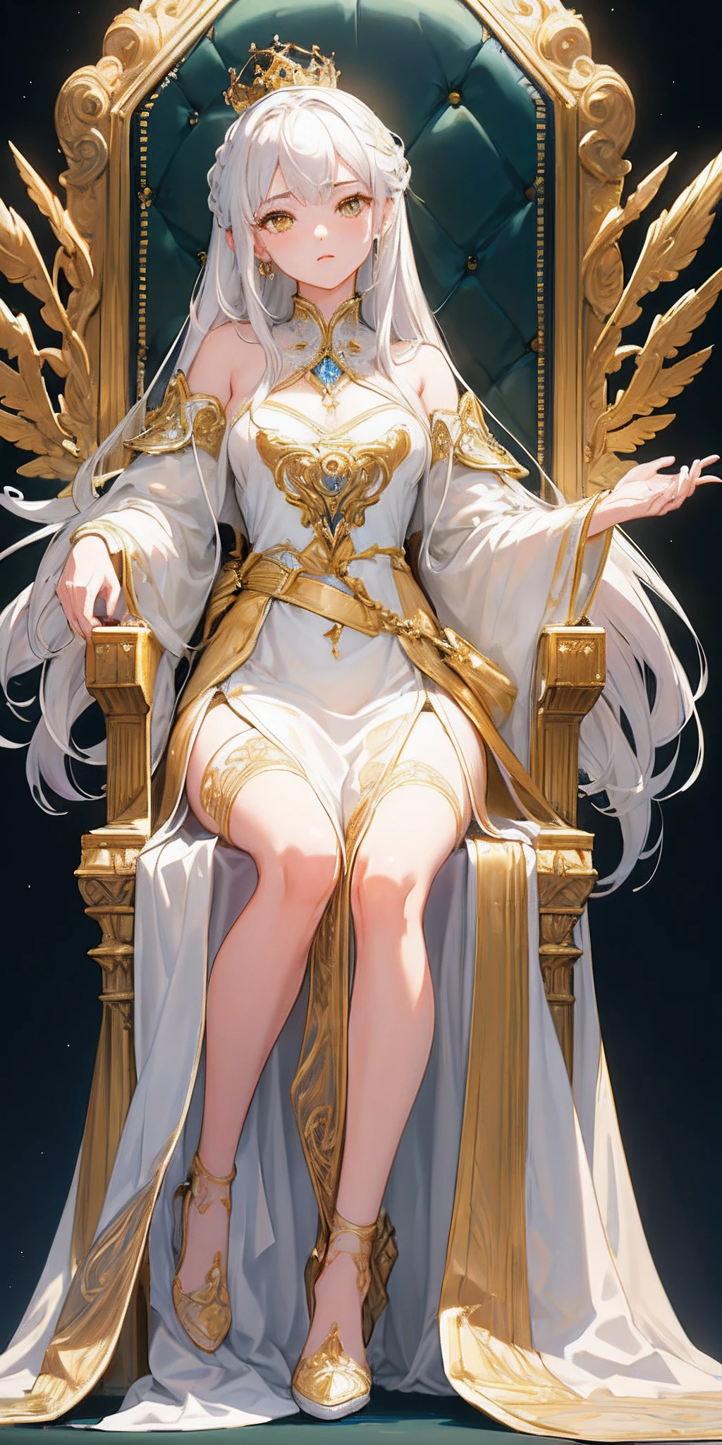 (Masterpiece:1.2), best quality, (illustration:1.2), (ultra-detailed), hyper details, (delicate detailed), (intricate details), (cinematic light, best quality Backlights), clear line, from below, soloist, perfect body, (1girl), white hair and yellow eyes, (emperor, black see-through clothes), (crown: 1.1), sitting on the throne, eyes slightly closed, head down, (shy: 1.2 ), (makeup), high contrast, (best illumination, an extremely create and beautiful), (cinematic light), colorful,