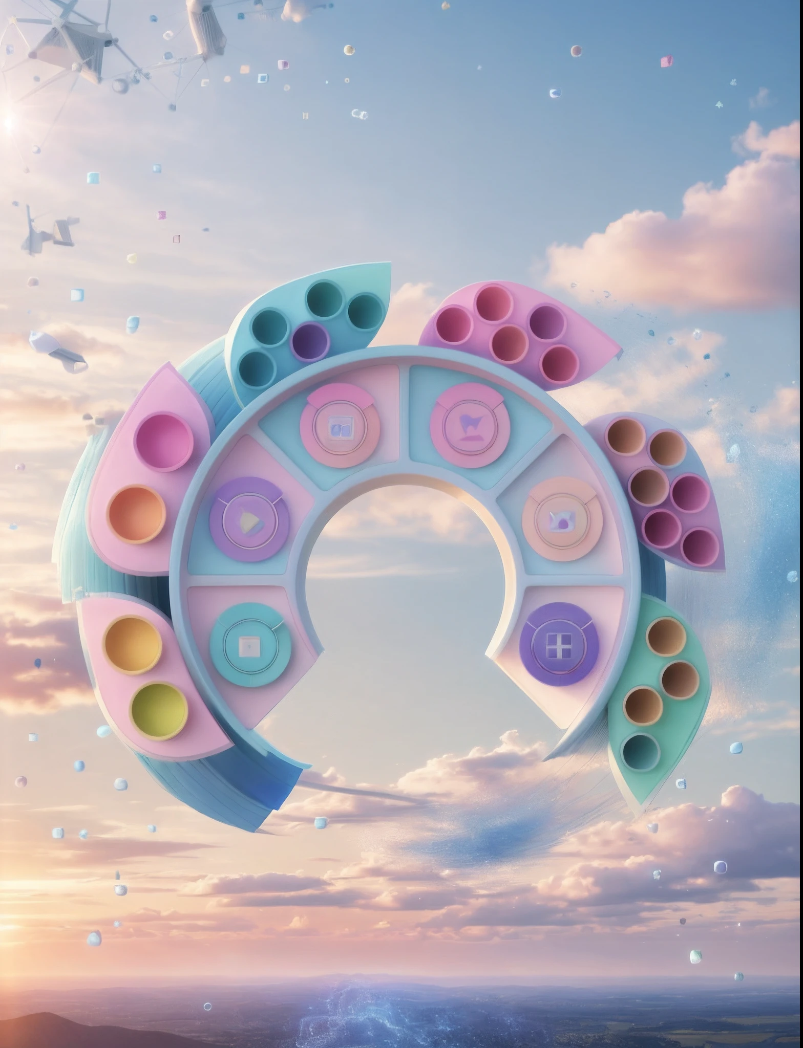 Rotating windmills,Three-dimensional feeling,A variety of pastel colors,There is a swirling wind behind the background,starryskybackground,tmasterpiece,Super delicate and clear,8K