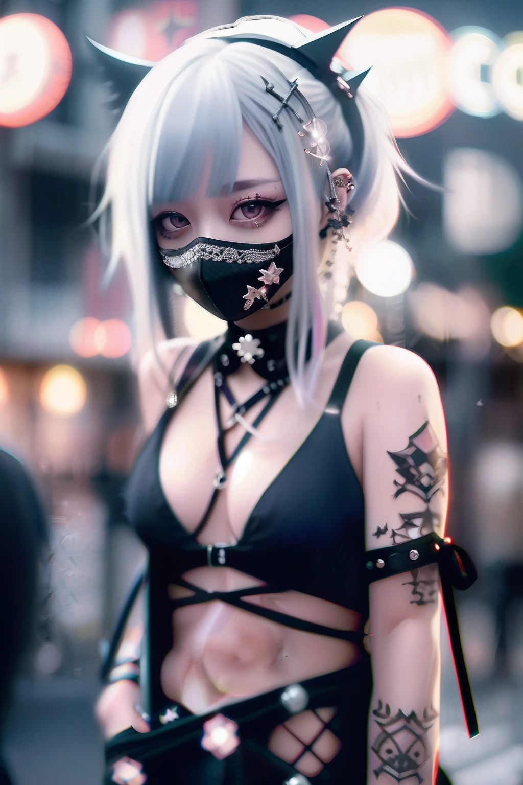The bikini、goth_punk, 1girl in, 独奏, medium shot, Walking in Harajuku, ((during night)), bokeh dof, Neon light, Iridescent eyes, starrysky, White shiny hair, White eyebrows, Radiant hair, (iridescent white hair), 耳Nipple Ring, bangss, jewely, masks, bluntbangs, verd s eyes, Mouth mask, blurry backround, bblurry, hair adornments, Look at viewers, shorth hair, portraitures, side locks