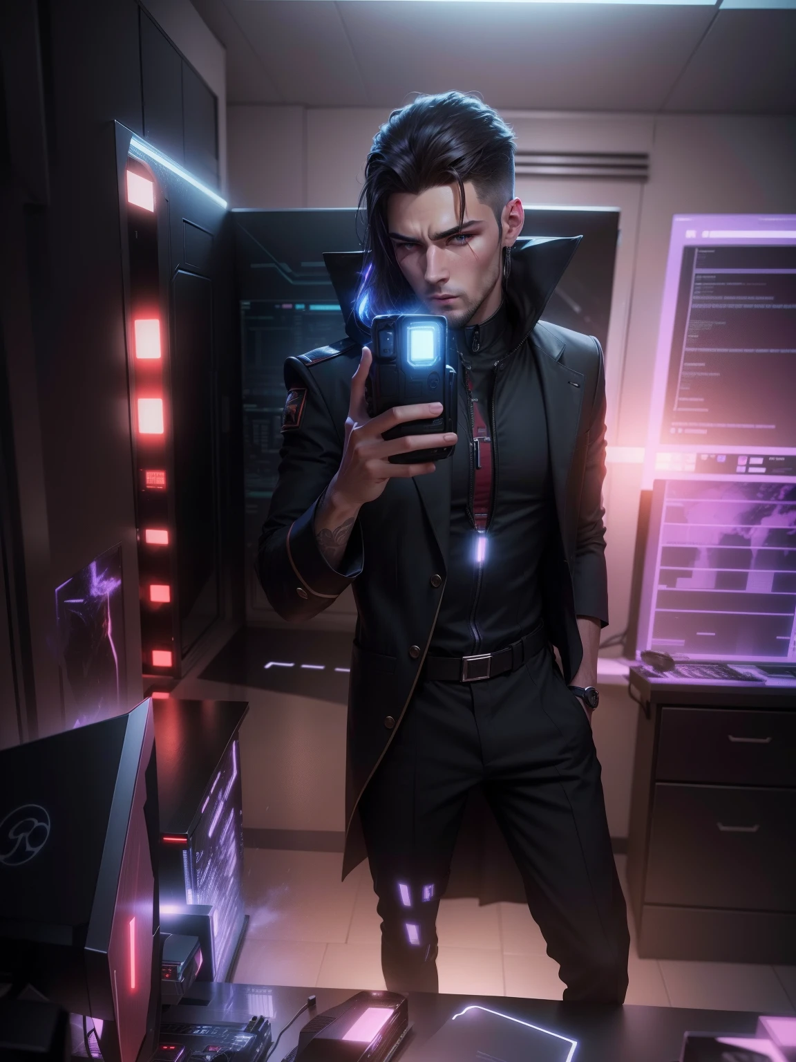 Change background cyber type beautiful man, realistic, 8k, high resolution