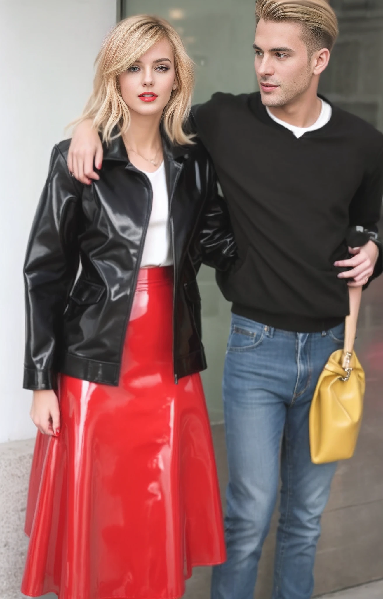 photo of a love couple, they are standing arm in arm, blond woman in red vinyl-skirt and black patent-leather-jacket standing next to a man in jeans and a blue woolen pullover,, wearing leather coat, she wears leather jacket, love couple, loveful views eros, erotic scene, arm-in-arm, couple