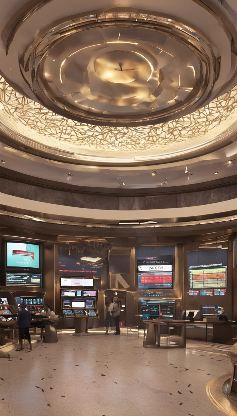 Financial trading hall，Investors，Traders，Interbank certificates of deposit，Trading，Electronic screens，Real-time market quotes，Numbers，Fluctuations，Trading decisions，Trading system，Trading orders，Buying and selling transactions，Buzz of communication，Data，Swift operations，Atmosphere，masterpiece, best quality, masterpiece,best quality,official art,extremely detailed CG unity 8k wallpaper