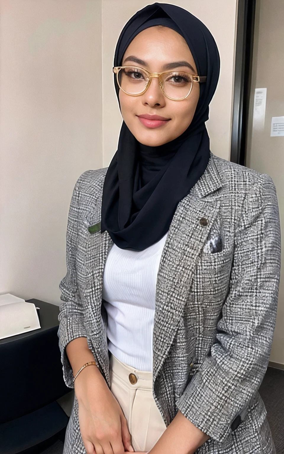 photorealistic, best quality, hyper detailed, beautiful woman asian age 22 name nurul, selfie photo, upper body, solo, wearing tudung muslim,hijab,nerd eyewear,expensive blazer coat, indoors, (evening), office wall street(cheerful, happy,confident,rich,calm), looking at viewer, skin texture, film grain, close up, ultra high res, best shadow, instagram Nurul