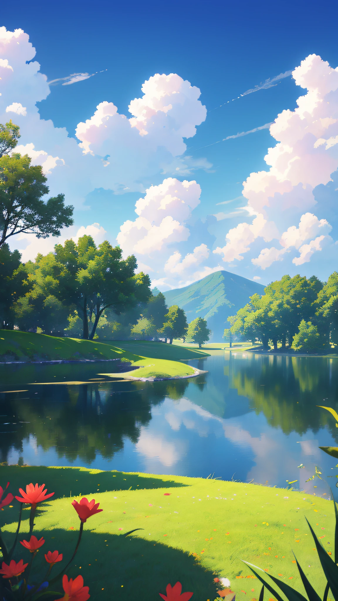 夏天,grassy fields,A few small flowers,clear lakes,sheeps,a paradise,large clouds,blue-sky,scorching weather,high definition detail,hyper-detailing,cinematic ligh,ultra-realistic realism,the soft light,Pure scenery,Deep field focus bokeh,The vista in the distance is snow-capped mountains,Ray tracing and surrealism。 --v6
