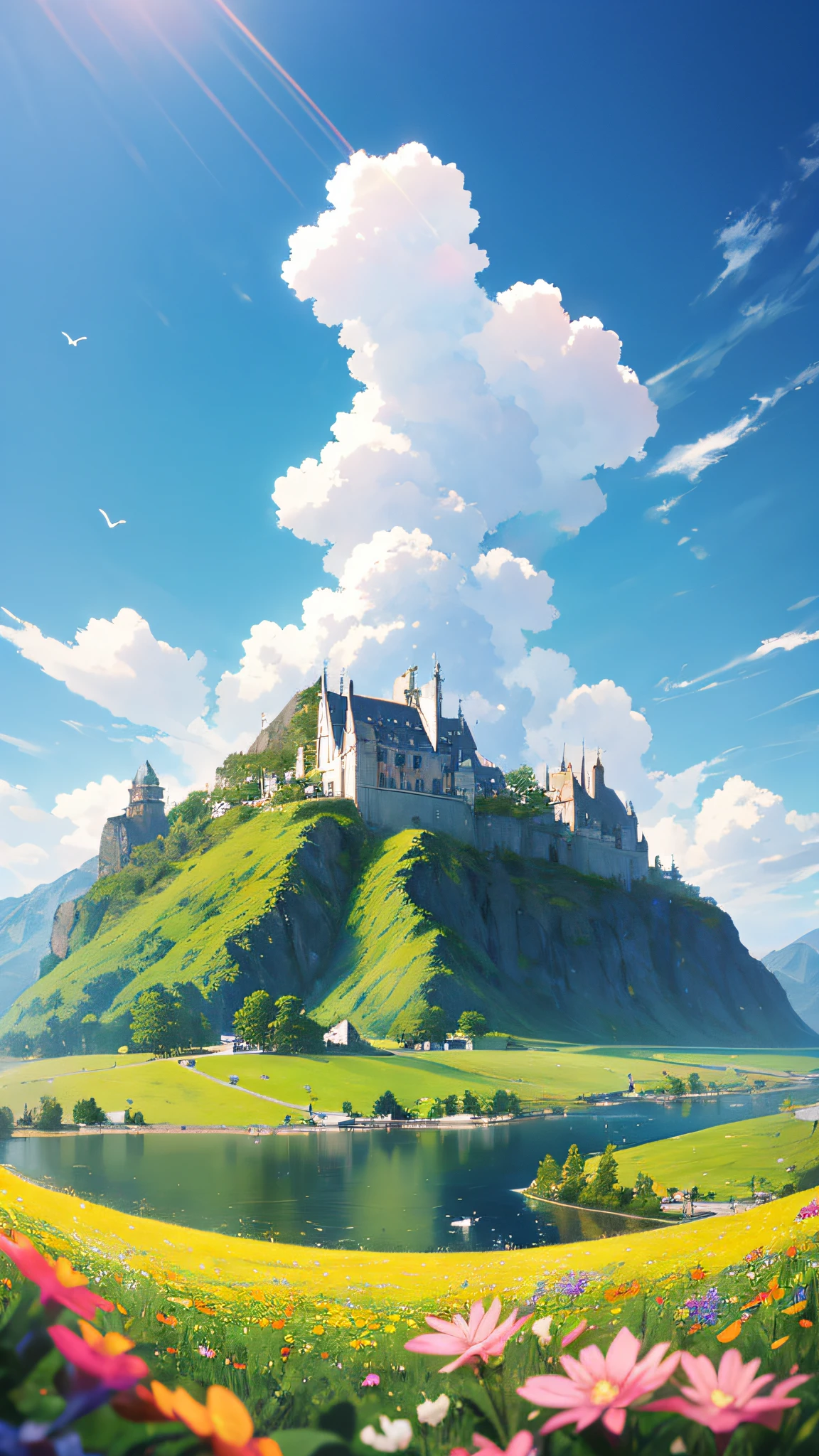 Summer, meadows, a few small flowers, clear lakes, sheep, heaven, large clouds, blue sky, hot weather, HD detail, hyper-detail, cinematic, surrealism, soft light, deep field focus bokeh, distant vistas are snowy mountains, ray tracing, and surrealism. --v6
