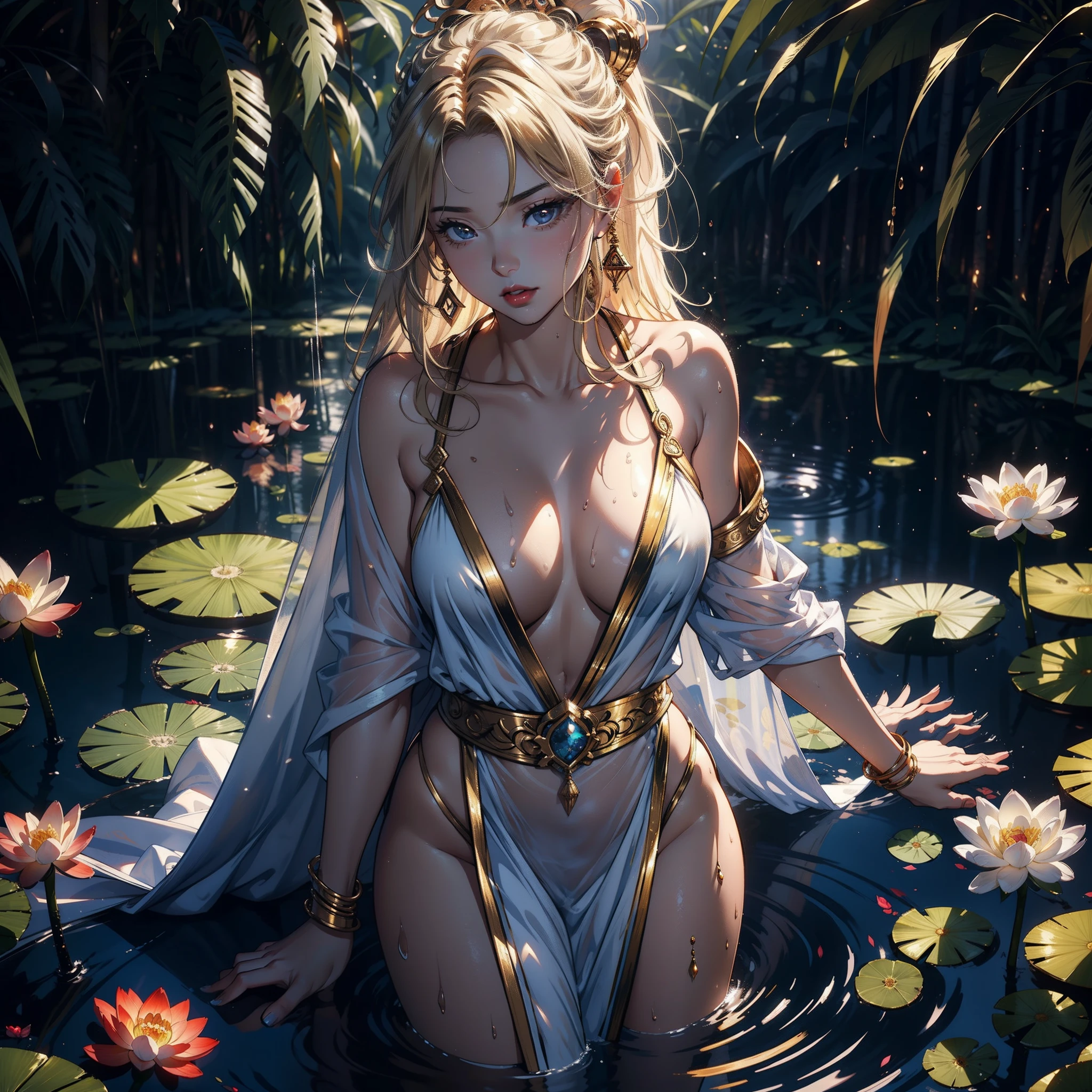 2females,36 years old,Bigchest,Raised sexy,Pornographic exposure, 独奏,(Background with:Surrounded by a sea of flowers,ln the forest,lotuses,Ground area water) She has very short blonde hair,2 Standing woman,Sweat profusely,drenched all over the body,seen from the front, hair straight, mostly cloudy sky,(((tmasterpiece),(Very detailed CG unity 8K wallpaper),best qualtiy,cinmatic lighting,detailed back ground,beatiful detailed eyes,Bright pupils,(Very fine and beautiful),(Beautiful and detailed eye description),Black eyes,Redlip,ultra - detailed,tmasterpiece,)),facing at camera,(The upper part of the body),A high resolution,ultra - detailed),revealing breasts,Bare genitalia, Bulge,legs are open,sexyposture,Camel toes,Flushed complexion,Open-mouthed,frontage,,Gold Saint Seiya,Lotus hair ornaments,Cleopatra(Wearing:White transparent sex robe,比基尼)Ancient Egyptian style