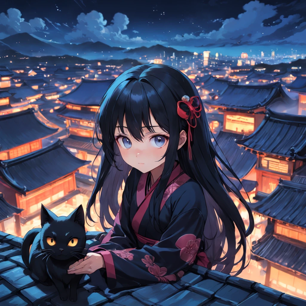 A long-haired Asian girl, with big eyes and black hair, is lying on the roof. There is a small black cat next to her, and the scene has a Japanese style.