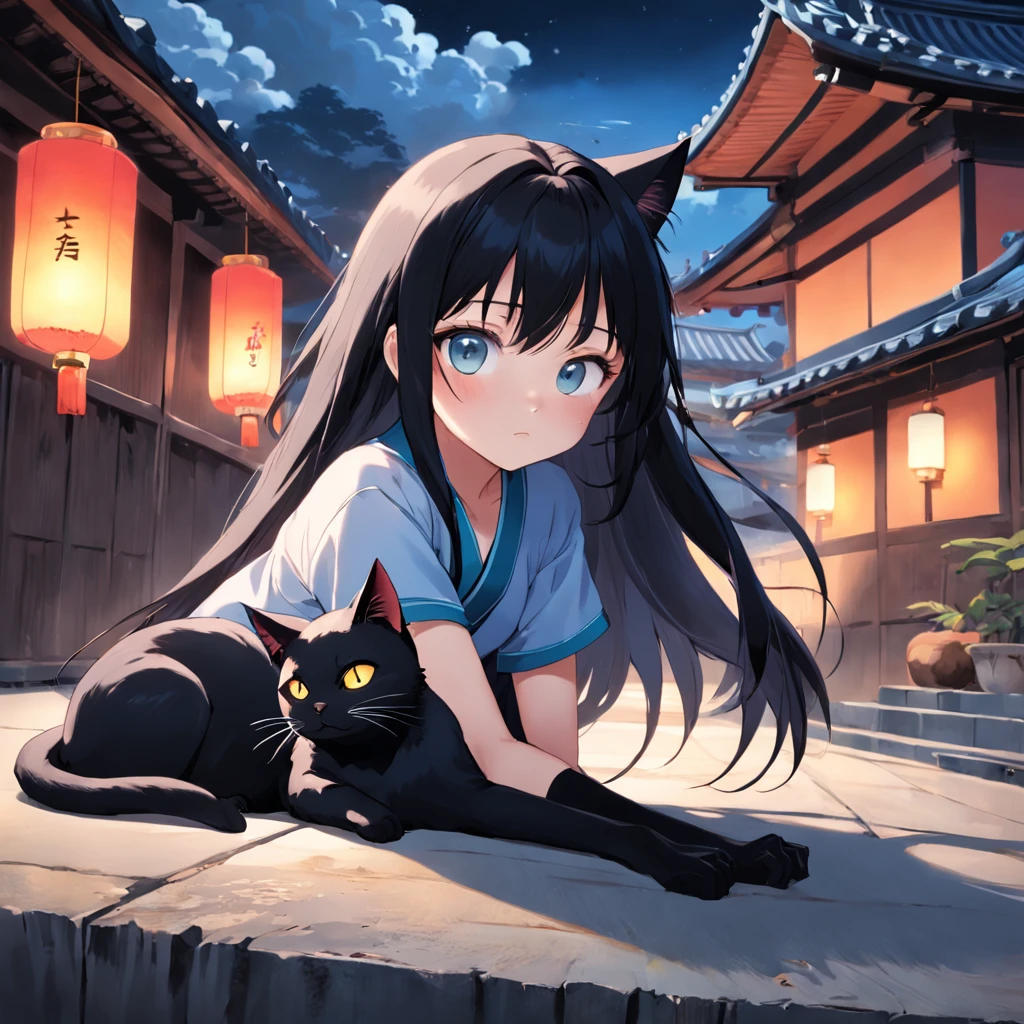 A long-haired Asian girl, with big eyes and black hair, is lying on the roof. There is a small black cat next to her, and the scene has a Japanese style.