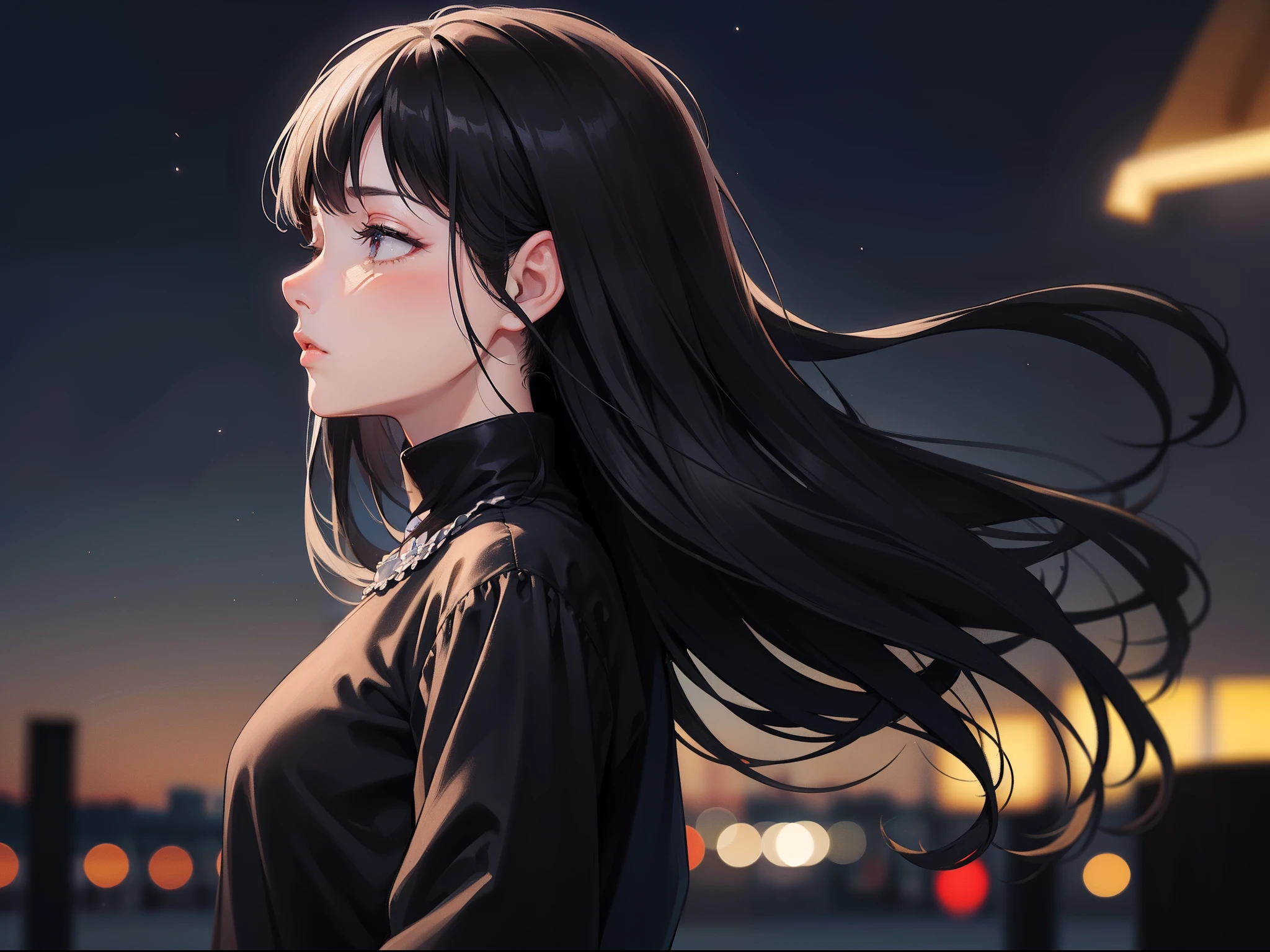 1 Lady,(Black hair:1.4)(sad face, eyes closed:0.992), Night sky,(Upper body, face in profile:1.4)(casual and cute clothes)(Blurred background:1.2),