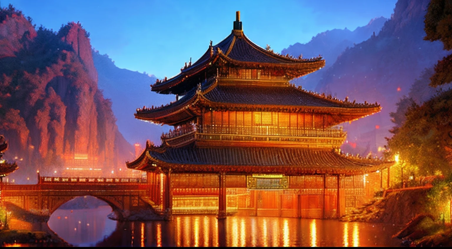 violent storm,dark stormy clouds,snow mountains,Chinese architecture,water,Lotus,High detail,lightand shade contrast,hyper HD,tmasterpiece,winning artwork,Best quality at best,A high resolution,16k