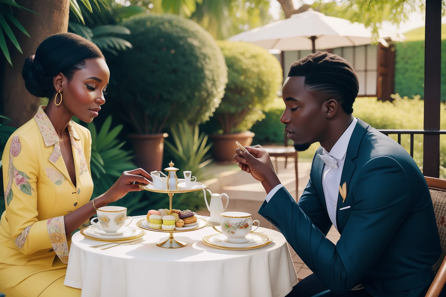 Year: 2023
Country: Zimbabwe
Description: In the heart of Harare, a stylish Zimbabwean couple in their early 50s enjoys a refined afternoon tea at a meticulously set table in their lush garden. They sip from delicate china cups while pastel-colored macarons and finger sandwiches adorn vintage plates. A gramophone plays a nostalgic tune in the background.