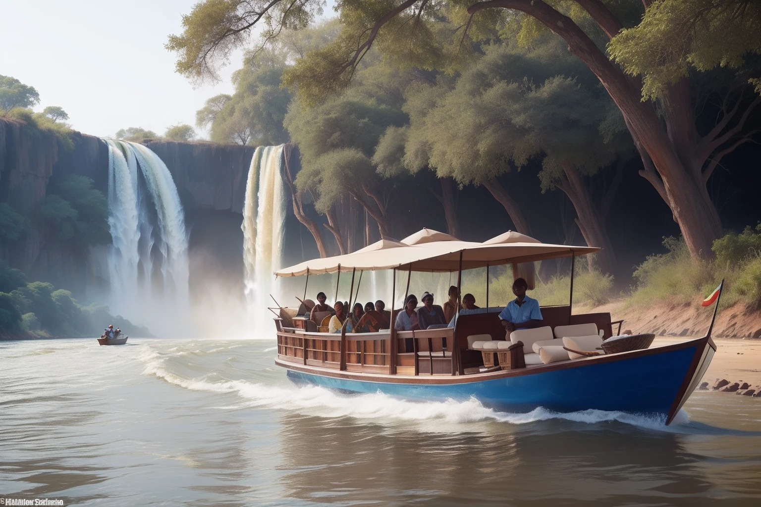 Year: 2022
Country: Zimbabwe
Description: On the Zambezi River, near the majestic Victoria Falls, a family of three embarks on a luxury safari adventure. They cruise in an opulent wooden boat adorned with pastel cushions and parasols. The father, mother, and their  son wear safari attire, binoculars in hand, as they admire wildlife along the riverbanks.