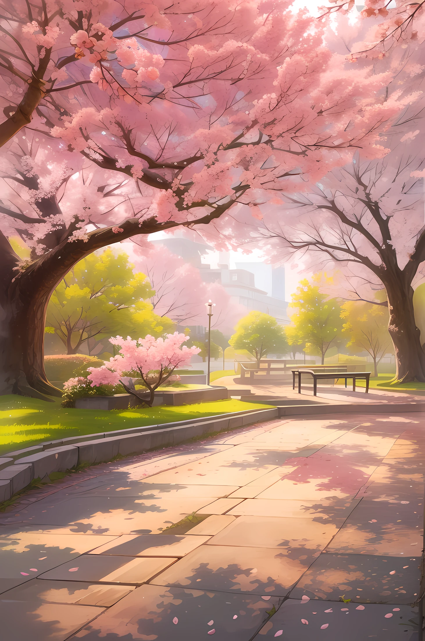 Sakura blossoms in a deserted park, Warm sunlight, The era of the 21st century