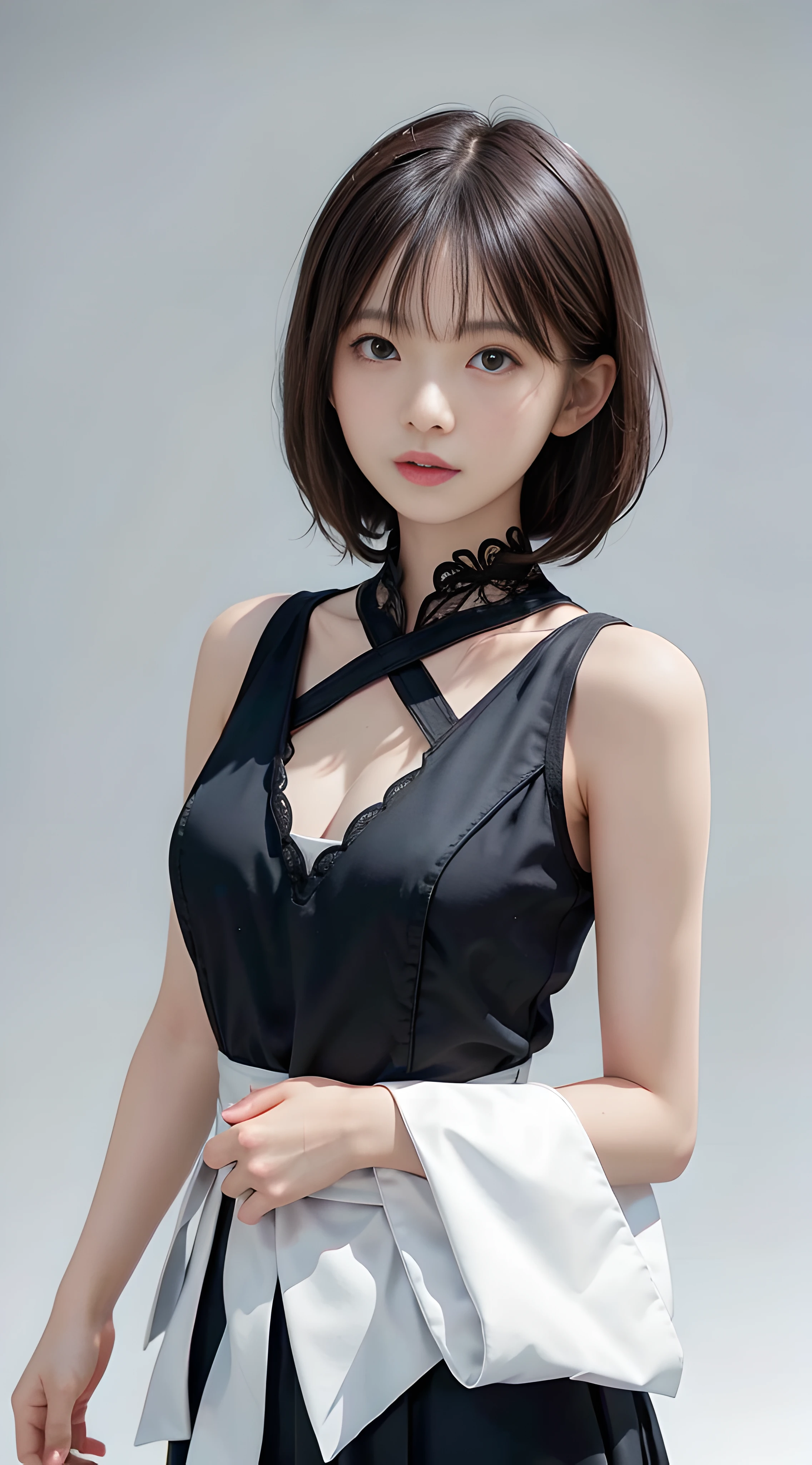 masterpiece, 1 beautiful girl, detailed eyes, puffy eyes, best quality, ultra high definition, (reality: 1.4), original photo, 1girl, cinematic lighting, Japan, asian beauty, korean, super beautiful, beautiful skin, slender, body facing front, (ultra-realistic), (high resolution), (8K), (very detailed), (best illustration), (beautifully detailed eyes), (ultra detailed) , detailed face, looking at the viewer, facing straight ahead, neat clothes, sleeveless, short hair, black hair, 46 points diagonal bangs, room based on white background tone, neat atmosphere,