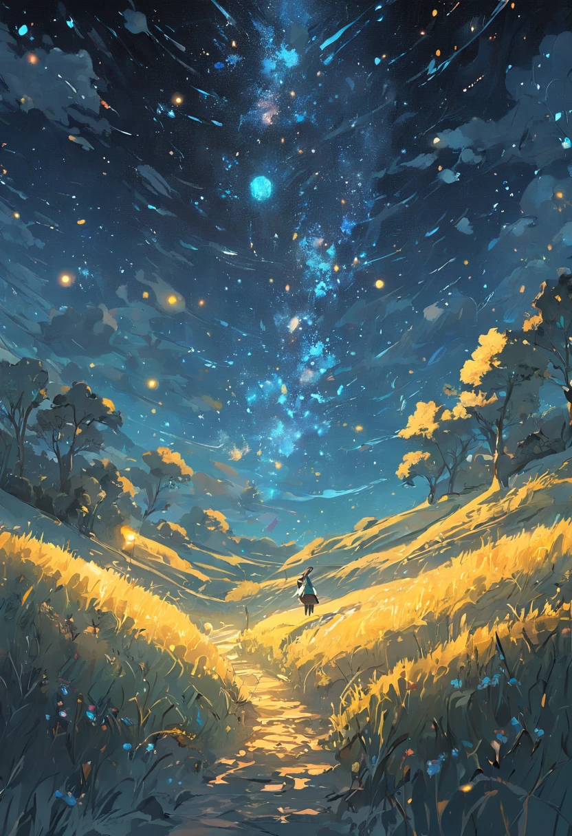 breath-taking,Van Gogh-style starry sky in quaint night sky,Nestled in a sleepy village in rolling hills,,Van Gogh painting style，paths，The tree，grassy，Cook，（（starrysky）），fine art piece，wheat field，tmasterpiece，k hd。Rich in color