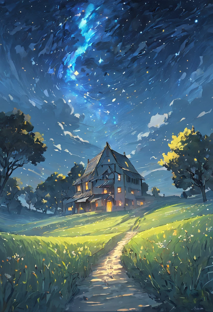 breath-taking,Van Gogh-style starry sky in quaint night sky,Nestled in a sleepy village in rolling hills,,Van Gogh painting style,paths,The tree,grassy,Cook,((starrysky)),fine art piece,wheat field,tmasterpiece,k hd。Rich in color