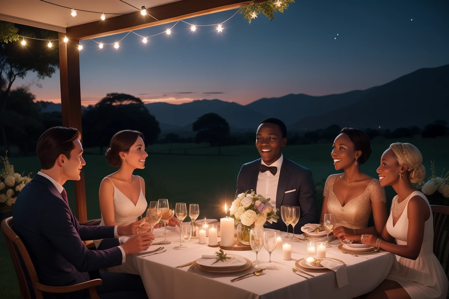 Year: 2023
Country: Zimbabwe
Description: In the affluent suburb of Borrowdale in Harare, a group of friends in their late 30s gathers for an elegant dinner party on a candlelit terrace. The table is beautifully set with pastel tableware and vintage glassware. The friends, dressed in sophisticated attire, engage in lively conversation under a starlit sky.