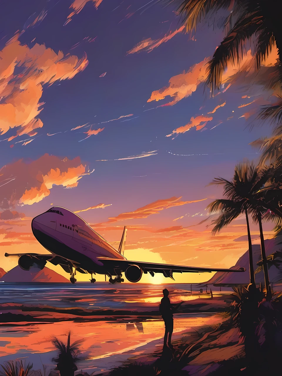 foreshortening technique, dynamic perspective, spatial depth, three-dimensional illusion, visual impact, artistic skill, engaging composition, Illustration inspired by the opening of the Friday Roadshow、Location、Mare、At the venue、A ship is passing by、Big sunset on the horizon、Very big sunset、A passenger plane is passing in front of the setting sun、Silhouette of a passenger plane、Airliners are、B-747、Dyed background of sunset、Very nicely dyed background、