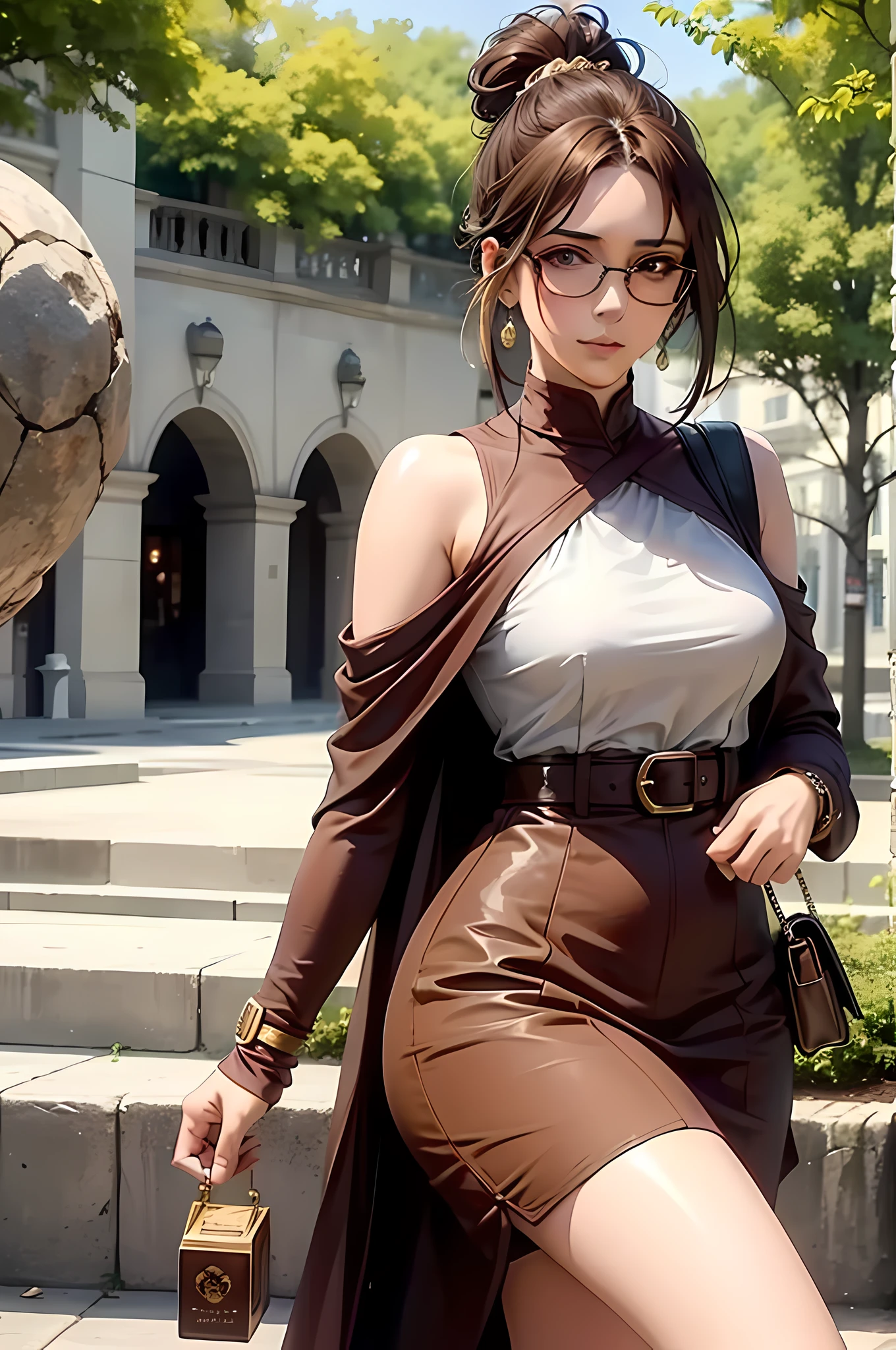 hange from the anime Shingeki no Kyojin, wearing glasses, shoulder-length hair, brown hair, hair in a bun, beautiful, beautiful woman, perfect body, perfect breasts, wearing a brown dress, luxurious, beautiful, expensive, very beautiful, carrying a bag, wearing a watch, wearing earrings, walking the red carpet, red carpet, looking at the viewer, slight smile, realism, masterpiece, textured skin, super detailed, high detail, high quality, best quality, 1080p, 16k