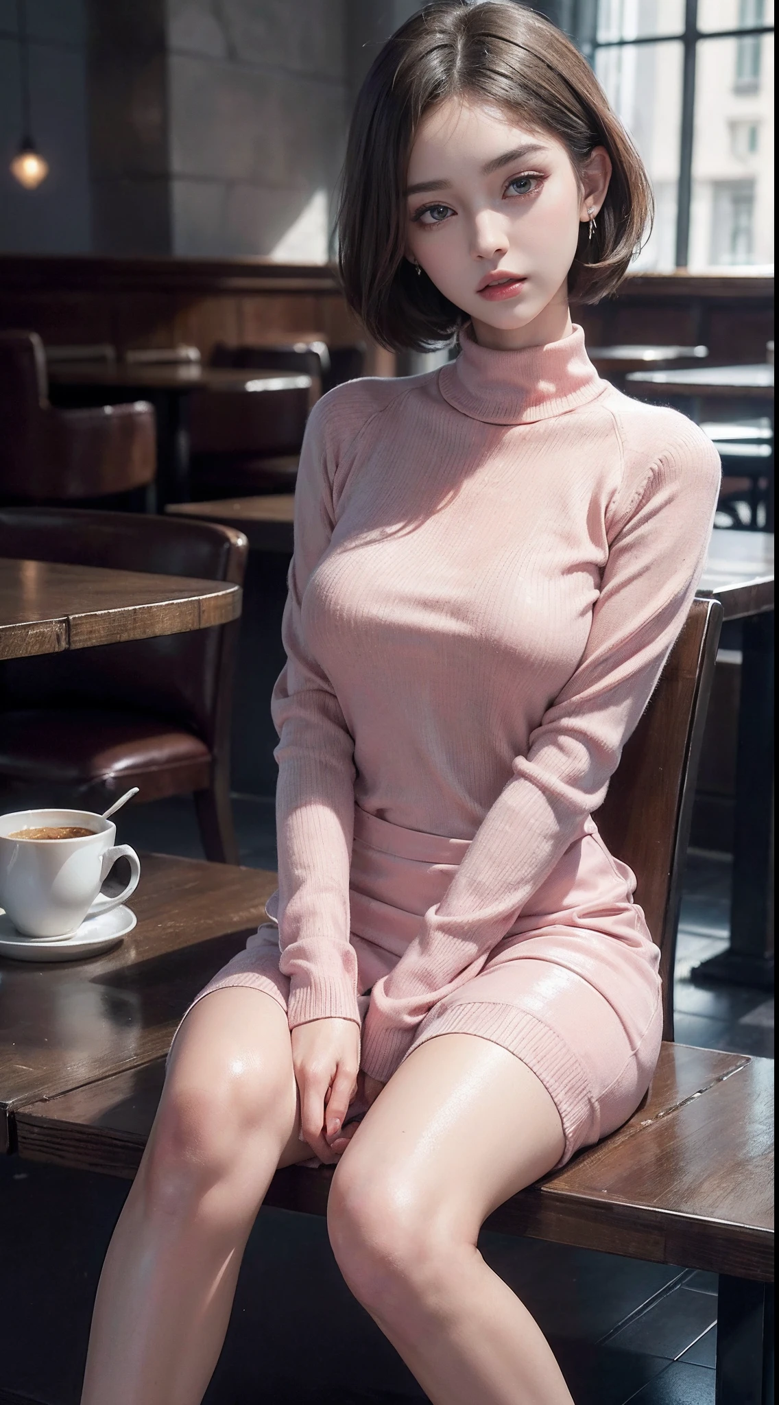 (RAW photo, high resolution, Best quality, masutepiece:1.3), (realistic detail, hyper realisitc, Photorealistic: 1.2), Shot with the Canon EOS R6, Sharp focus, f/1.8, Medium Shot Shot, upperbody shot, 1girl in, Very delicate and beautiful, Beautiful detailed girl, Very detailed eyes and face, Triangular face, Beautiful detailed eyes, (Slender figure, Thin waist), ((sweaterdress)), During fashion, Earrings, Natural makeup, Pink shiny lips, Sweep fashion shorthair, Perfect style, (low illuminance, sitting in a café), NFFSW, Ultra-realistic, Highest quality, Super detailed