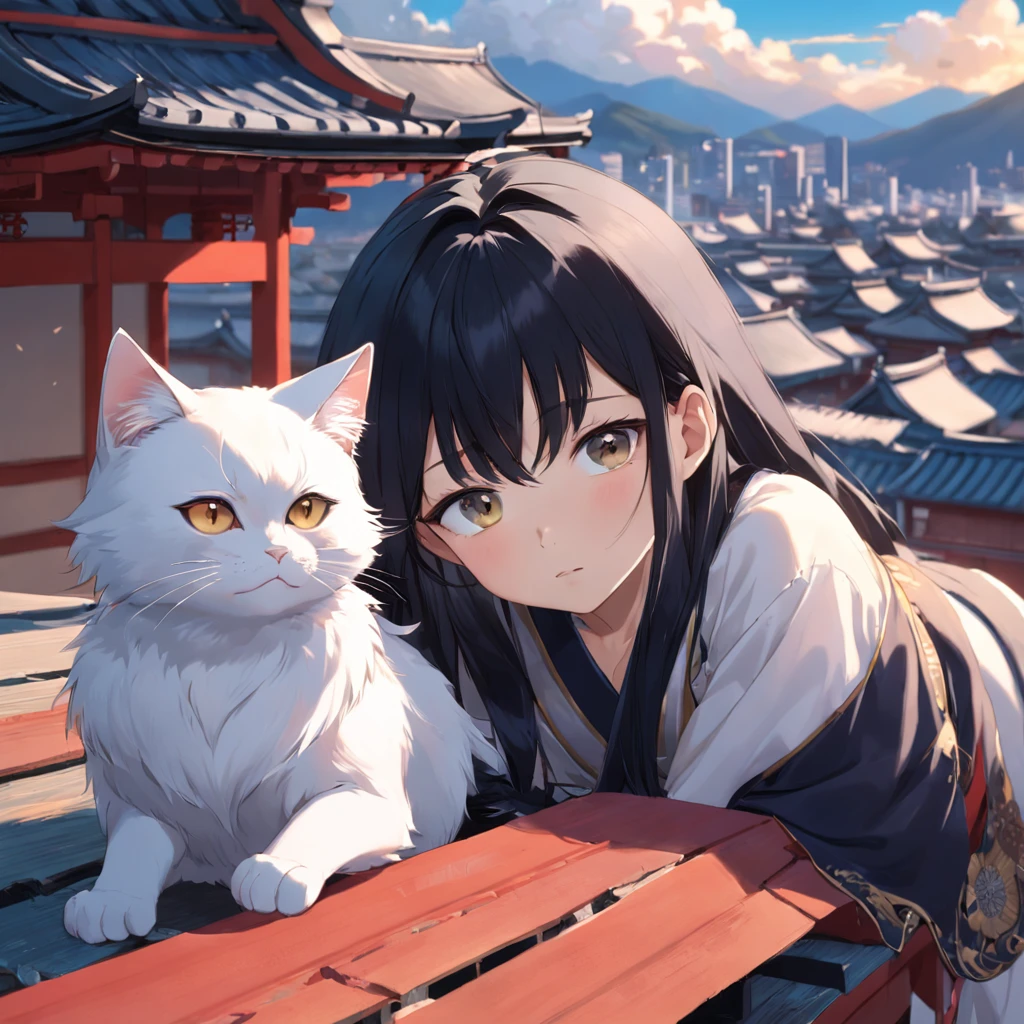 A long-haired Asian boy, with big eyes and black hair, is lying on the roof. There is a small white cat next to her, and the scene has a Japanese style.