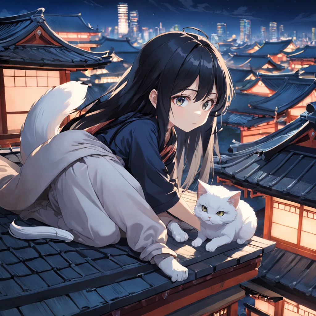 A long-haired Asian boy, with big eyes and black hair, is lying on the roof. There is a small white cat next to her, and the scene has a Japanese style.