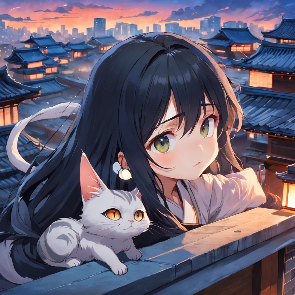 A long-haired Asian boy, with big eyes and black hair, is lying on the roof. There is a small white cat next to her, and the scene has a Japanese style.