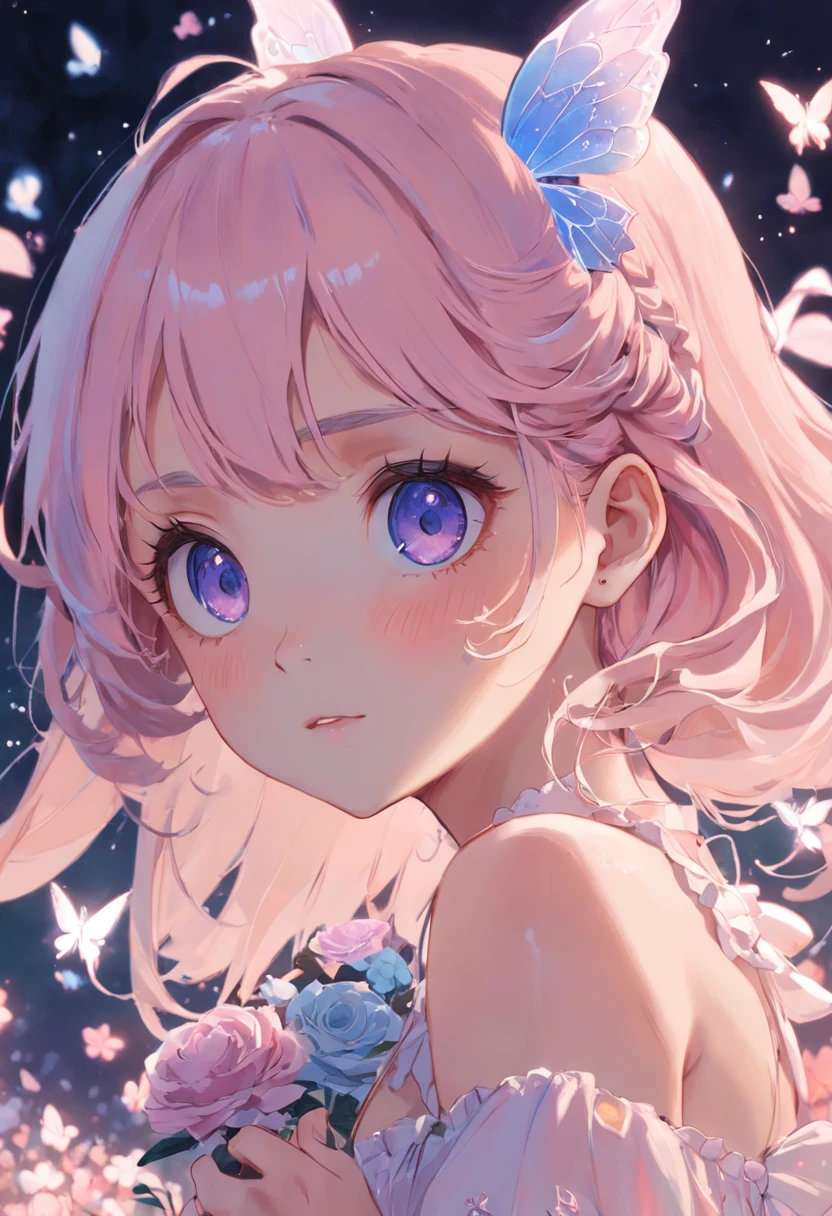 menina fada, fofo, aesthetic, pastel, cores pastel, flores, borboletas, fairycore, goblincore, fada, elfo, Movie Lighting, olhando a camera, foto do instagram, selfie, olhando para os espectadores