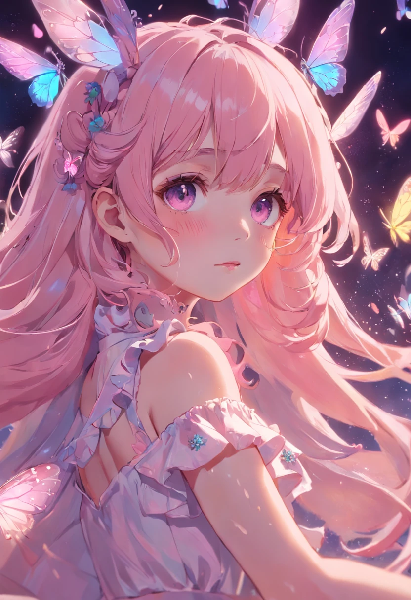 fada, fofo, aesthetic, pastel, cores pastel, flores, borboletas, fairycore, goblincore, fada, elfo, Movie Lighting, olhando a camera, foto do instagram, selfie, olhando para os espectadores