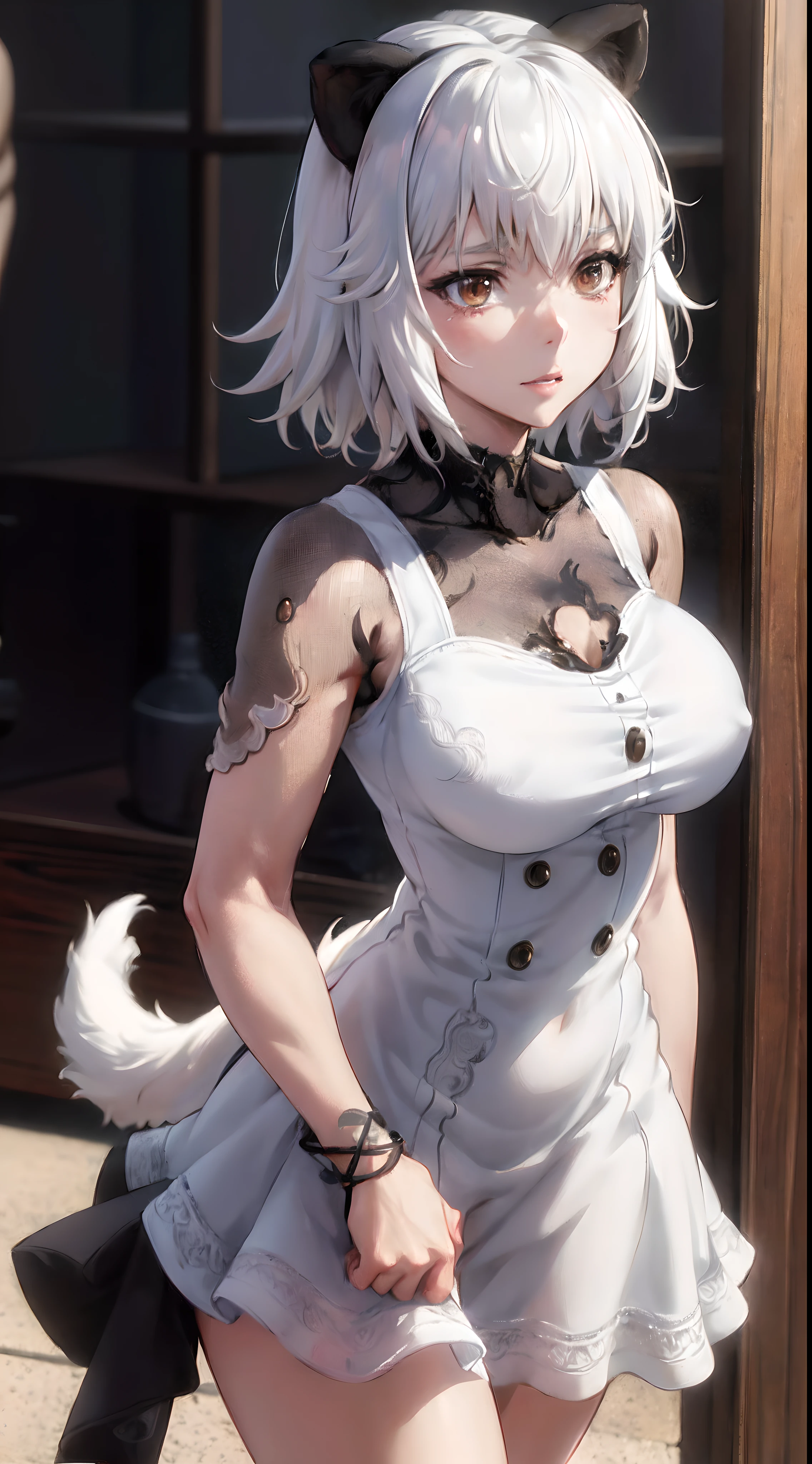 (masterpiece, best quality), highres, 1girl, solo, animal ears, white hair, short hair, brown eyes, tail, large breasts, standing, (((upper body))), ((peeing)), anime artstyle, (elegant dress), sharp, focused