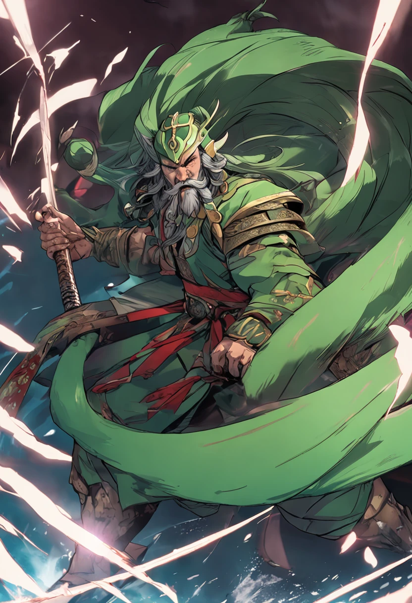 Guan Yu held the Green Dragon Moon Knife and rode a sweaty BMW。majestic-looking。, green hair, long hair, straight hair, bow-shaped hair, button eyes, wide eyes, clenched teeth, angry, serious, Baroque, stereogram, reflection light, ray tracing, three sided view, Sony FE, UHD, highres, 8k