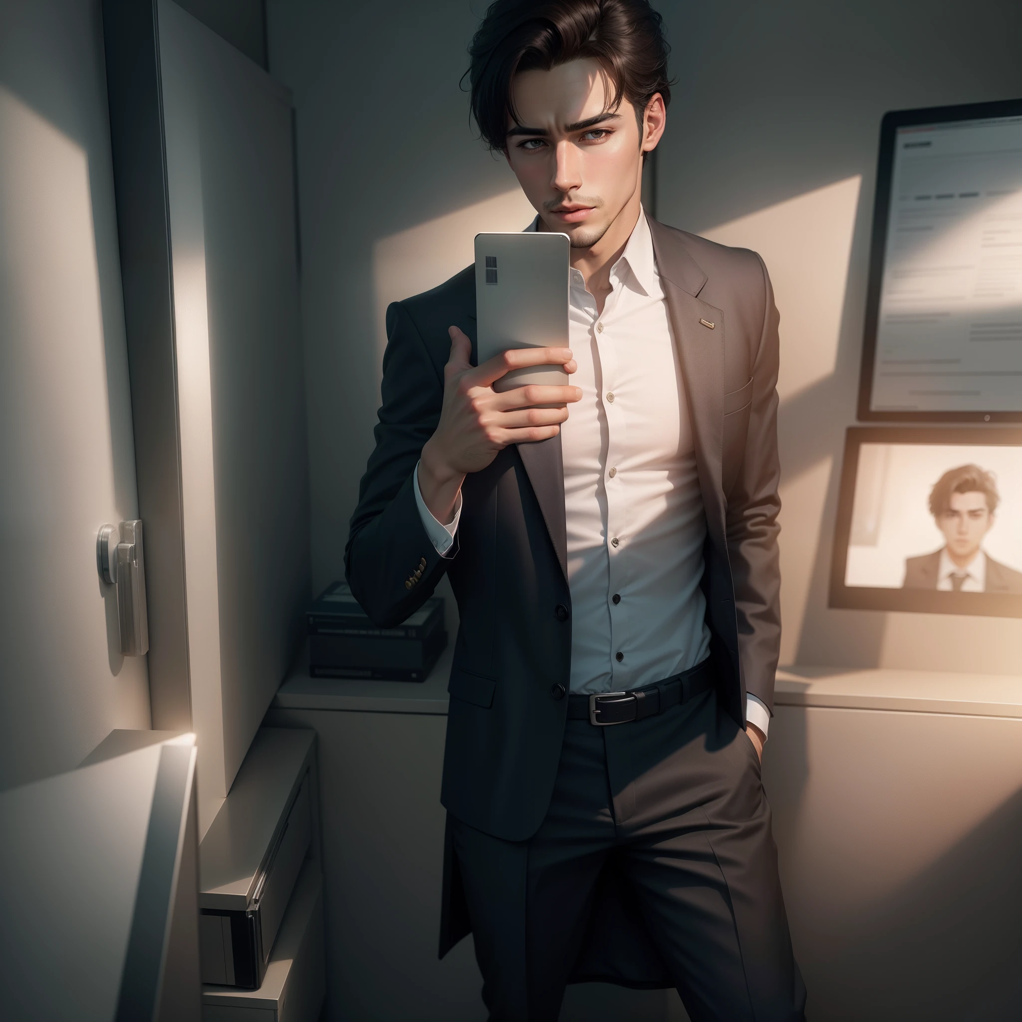 Change background office type handsome boy, realistic, 8k, high resolution