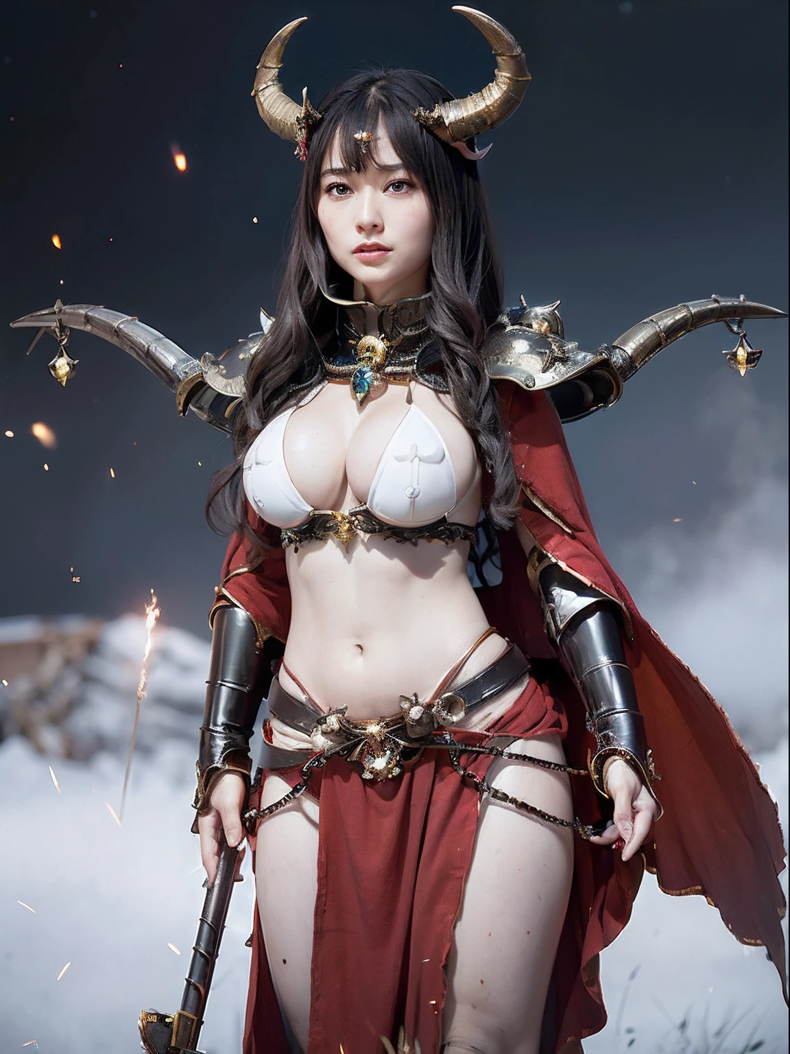 Professional , masterpiece、top-quality、photos realistic , depth of fields 、(A dark-haired) 、(Gemstone White Metal Body:1.4),(Matte Black、Jewel Gold Weapon、(maikurobikini),Gorgeous metal weapons ,Particles of light、(Fight dragons)、(Black wings)、(( Detailed and gorgeous sword of the brave)) ,Light Effects、intense fighting、Wind-effect、magic circles、 (A dark-haired) ,Fight soldiers in skeleton armor ,Detail and ornate jewel crown、With the legendary magic wand、Dragon's tail、explosions、((maikurobikini))、((Gangle's forest background))、Beautiful Caucasian beauty、1a person、dynamic ungle,(((Details of the two demon horns on the head)))、Smaller head、A smile、Background inside the castle、Thin and beautiful female hands、cleavage of the breast、Soldier in iron armor on background、Mystical expression、Light Effects、Wind-effect、With the legendary magic wand、(wingspan)、Toostock、Anatomically correct body、