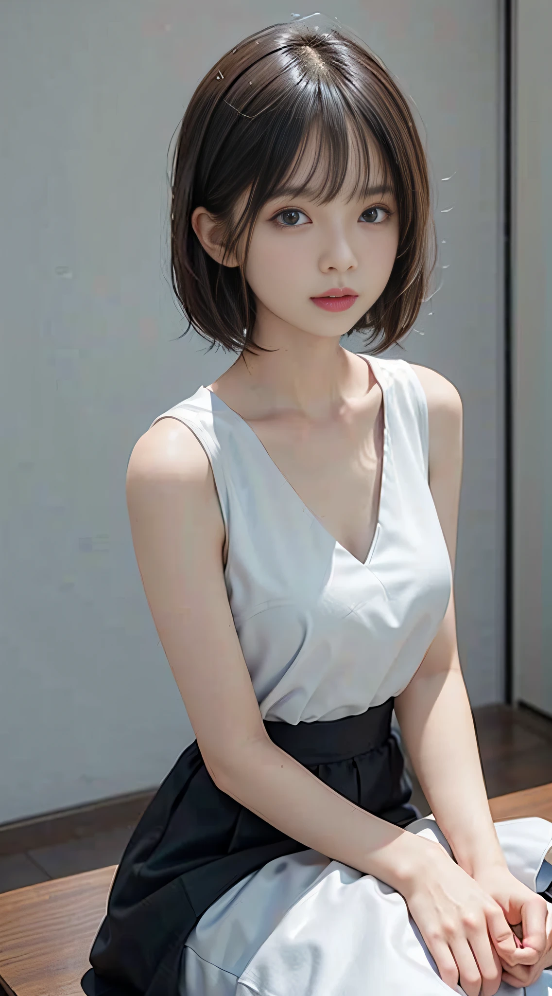 masterpiece, 1 beautiful girl, detailed eyes, puffy eyes, best quality, ultra high definition, (reality: 1.4), original photo, 1girl, cinematic lighting, Japan, asian beauty, korean, super beautiful, beautiful skin, slender, body facing front, (ultra-realistic), (high resolution), (8K), (very detailed), (best illustration), (beautifully detailed eyes), (ultra detailed) , detailed face, looking at the viewer, facing straight ahead, neat clothes, sleeveless, short hair, black hair, 46 points diagonal bangs, room based on white background tone, neat atmosphere,
