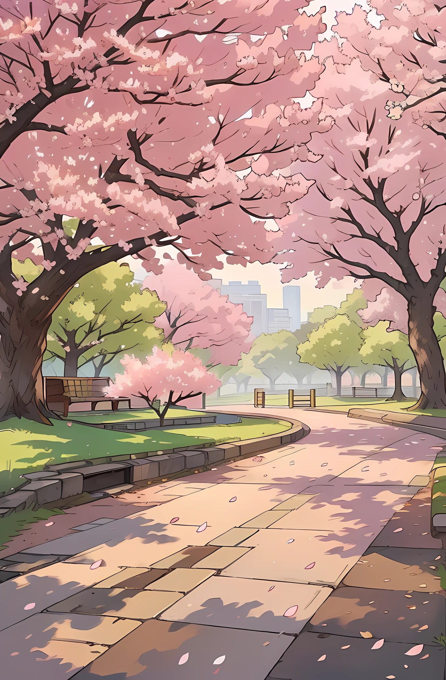Sakura blossoms in a deserted park, Warm sunlight, The era of the 21st century