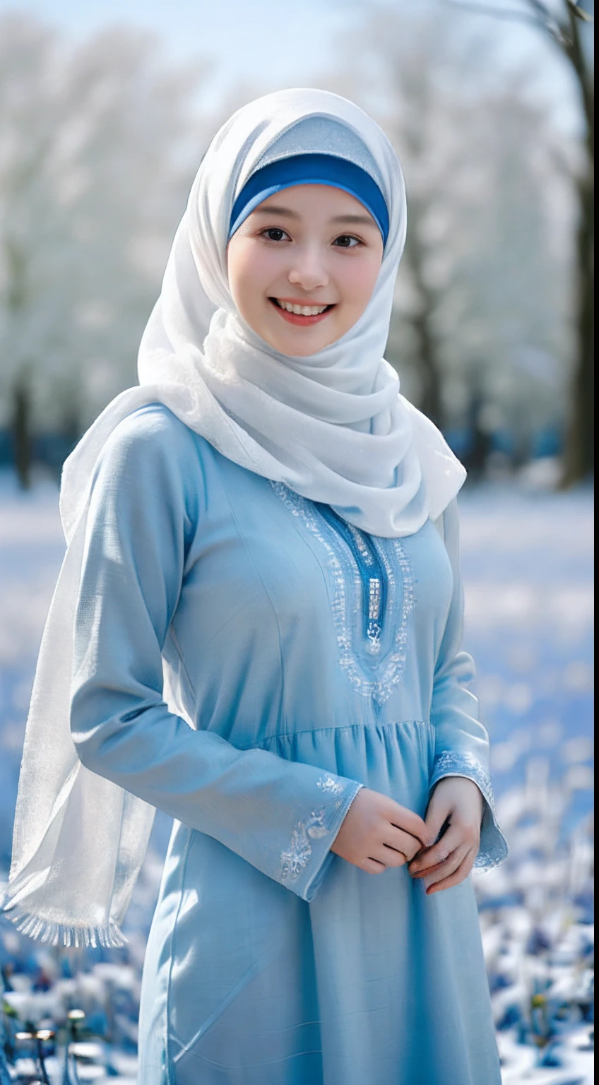 (RAW photo, best quality), (realistic, photo-realistic:1.3), 1 girl, solo girl, full body photo, extremely delicate and beautiful, Amazing, finely detail, masterpiece, ultra-detailed, highres,(best illustration), (best shadow),intricate,depth of filed, On a summer afternoon, a lovely red female muslim dress with tunic,white pashmina hijabs, hijab, In the blue hues of winter, creating a soothing sound, shine eyes, immersing smile in harmony with nature, No hair seen,(blurry background:1.4), sharp focus, volumetric fog, 8k UHD, high quality, (film grain:1.4), apertur f/1.4,