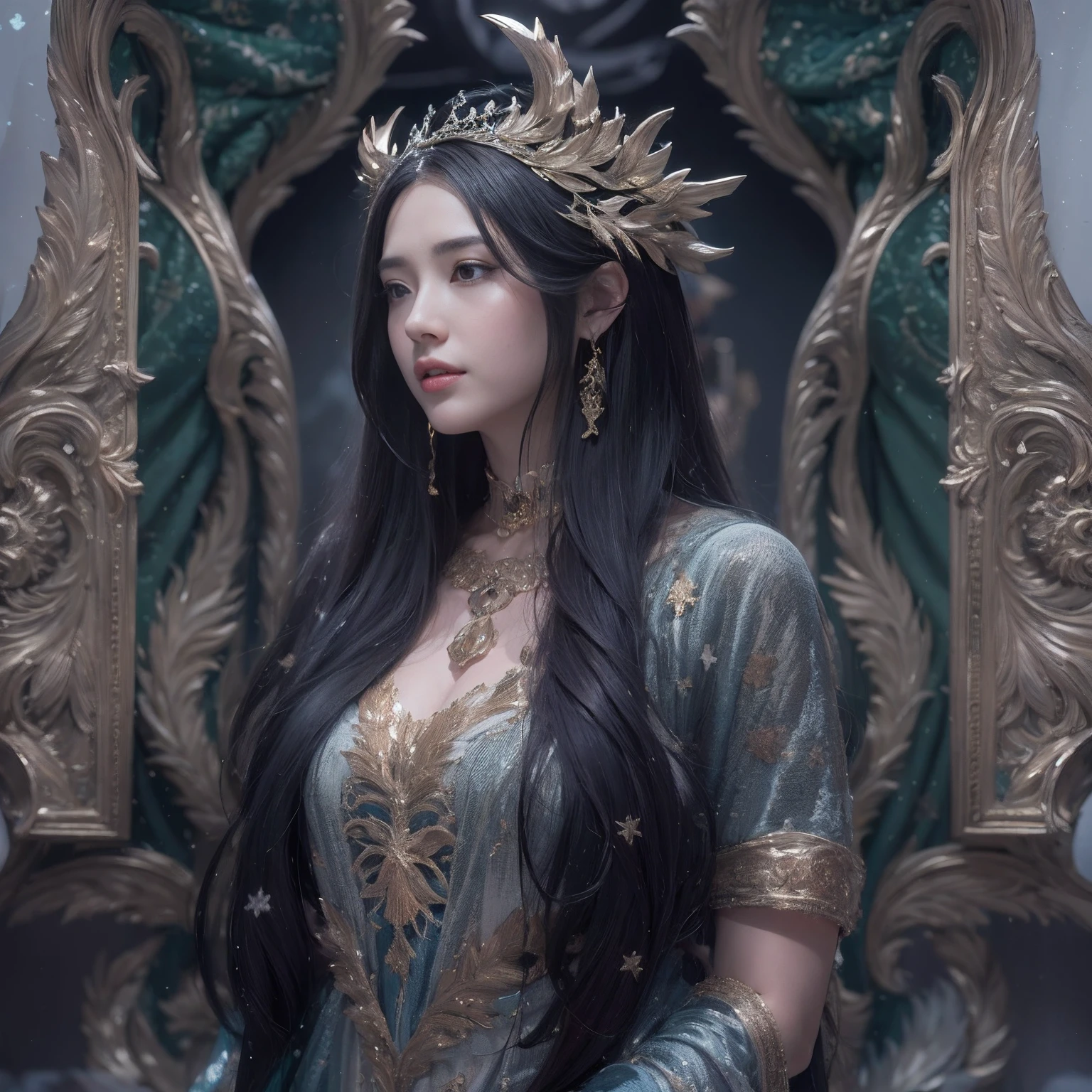 32K(tmasterpiece,k hd,hyper HD,32K)Long flowing black hair,Jewelry quarter in the back room,Brunette king girl ,Silver Dragon Protector (realisticlying:1.4),Python pattern robe,Purple-pink tiara,Snowflakes fluttering,The background is pure,Hold your head high,Be proud,The nostrils look at people, A high resolution, the detail, RAW photogr, Sharp Re, Nikon D850 Film Stock Photo by Jefferies Lee 4 Kodak Portra 400 Camera F1.6 shots, Rich colors, ultra-realistic vivid textures, Dramatic lighting, Unreal Engine Art Station Trend, cinestir 800,Hold your head high,Be proud,The nostrils look at people