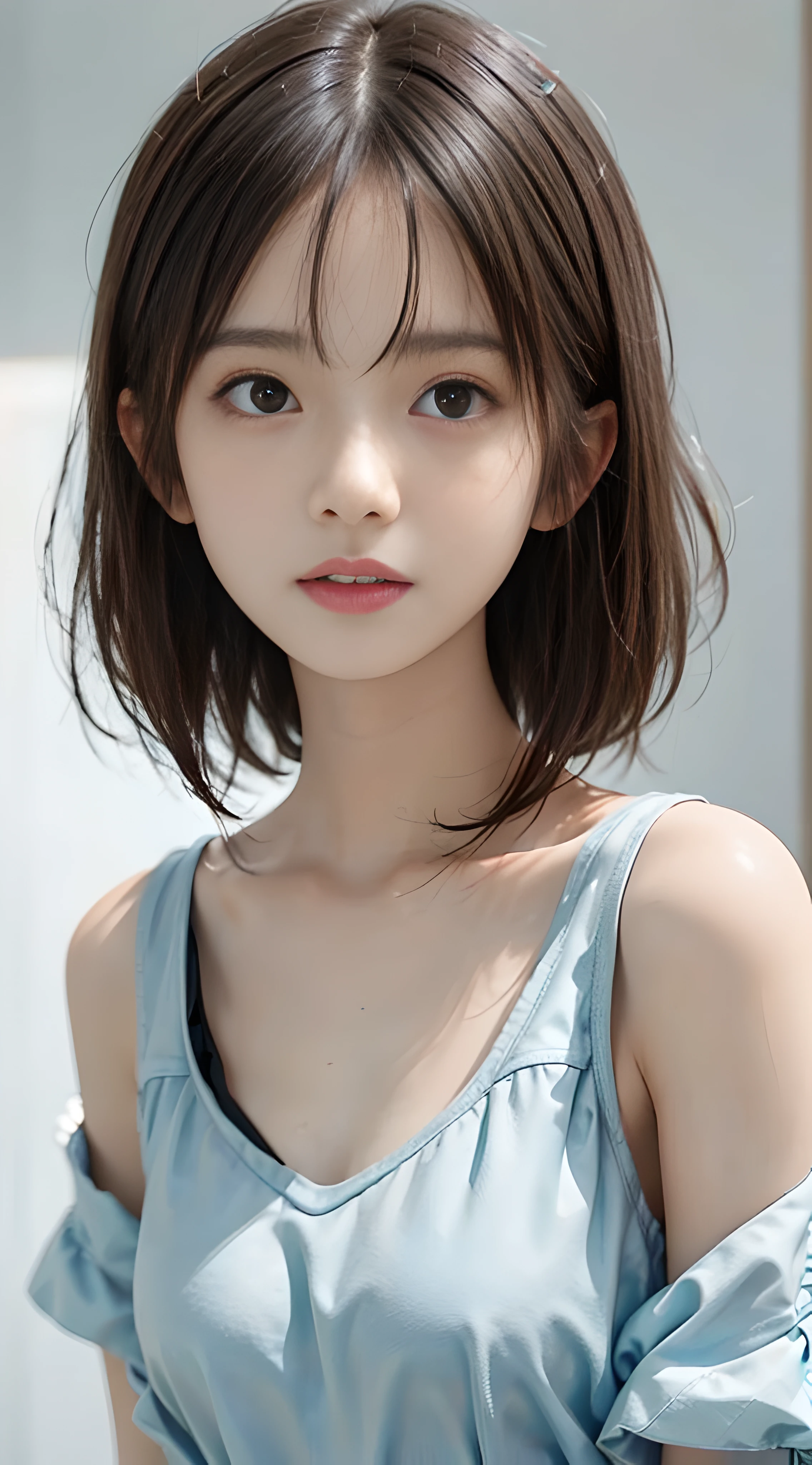 masterpiece, 1 beautiful girl, detailed eyes, puffy eyes, best quality, ultra high definition, (reality: 1.4), original photo, 1girl, cinematic lighting, Japan, asian beauty, korean, super beautiful, beautiful skin, slender, body facing front, (ultra-realistic), (high resolution), (8K), (very detailed), (best illustration), (beautifully detailed eyes), (ultra detailed) , detailed face, looking at the viewer, facing straight ahead, neat clothes, sleeveless, short hair, black hair, 46 points diagonal bangs, room based on white background tone, neat atmosphere,