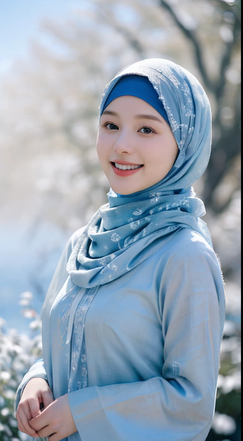 (RAW photo, best quality), (realistic, photo-realistic:1.3), 1 girl, solo girl, full body photo, extremely delicate and beautiful, Amazing, finely detail, masterpiece, ultra-detailed, highres,(best illustration), (best shadow),intricate,depth of filed, On a summer afternoon, a lovely red female muslim dress with tunic,white pashmina hijabs, hijab, In the blue hues of winter, creating a soothing sound, shine eyes, immersing smile in harmony with nature, No hair seen,(blurry background:1.4), sharp focus, volumetric fog, 8k UHD, high quality, (film grain:1.4), apertur f/1.4,