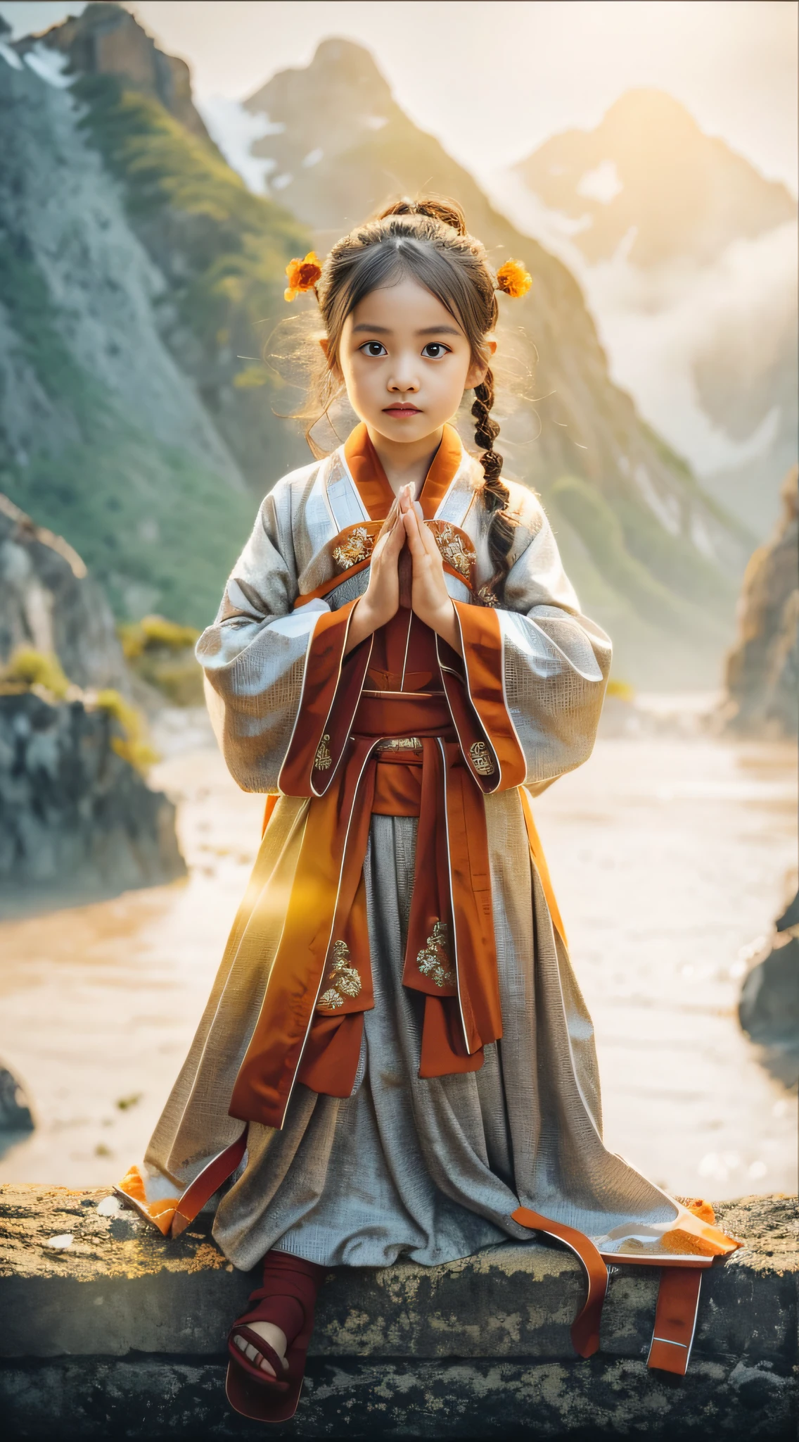 One ,Wearing an orange monk's robe,had his hands folded,sit with legs crossed,A mountain in the background,Face the camera