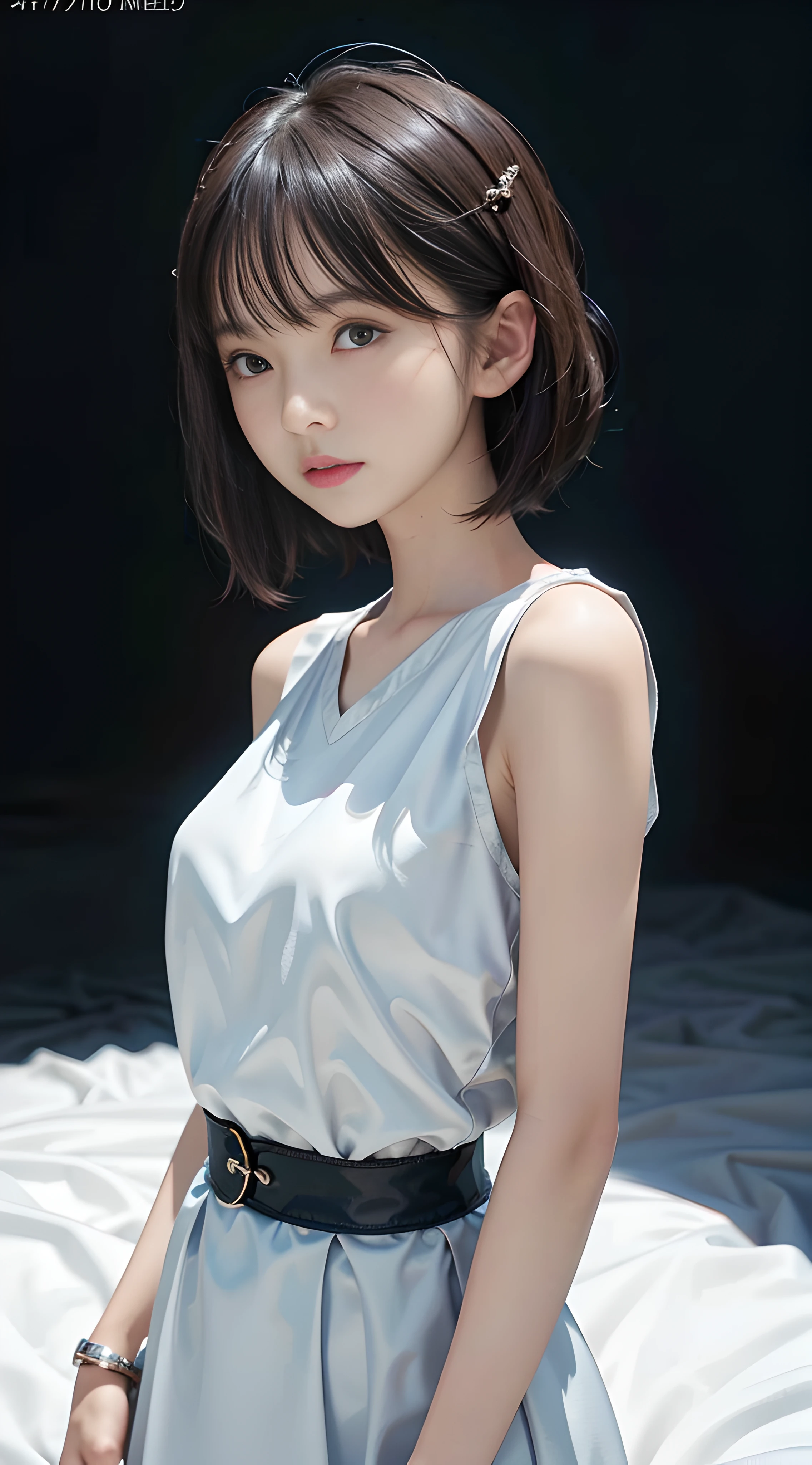 masterpiece, 1 beautiful girl, detailed eyes, puffy eyes, best quality, ultra high definition, (reality: 1.4), original photo, 1girl, cinematic lighting, Japan, asian beauty, korean, super beautiful, beautiful skin, slender, body facing front, (ultra-realistic), (high resolution), (8K), (very detailed), (best illustration), (beautifully detailed eyes), (ultra detailed) , detailed face, looking at the viewer, facing straight ahead, neat clothes, sleeveless, short hair, black hair, 46 points diagonal bangs, room based on white background tone, neat atmosphere,