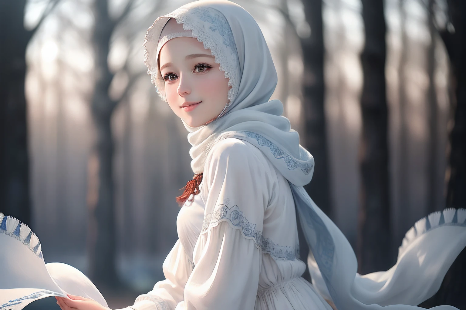 (RAW photo, best quality), (realistic, photo-realistic:1.3), 1 girl, solo girl, full body photo, extremely delicate and beautiful, Amazing, finely detail, masterpiece, ultra-detailed, highres,(best illustration), (best shadow),intricate,depth of filed, On a summer afternoon, a lovely red female muslim dress with tunic,white pashmina hijabs, hijab, In the blue hues of winter, creating a soothing sound, shine eyes, immersing smile in harmony with nature, No hair seen,(blurry background:1.4), sharp focus, volumetric fog, 8k UHD, high quality, (film grain:1.4), apertur f/1.4,